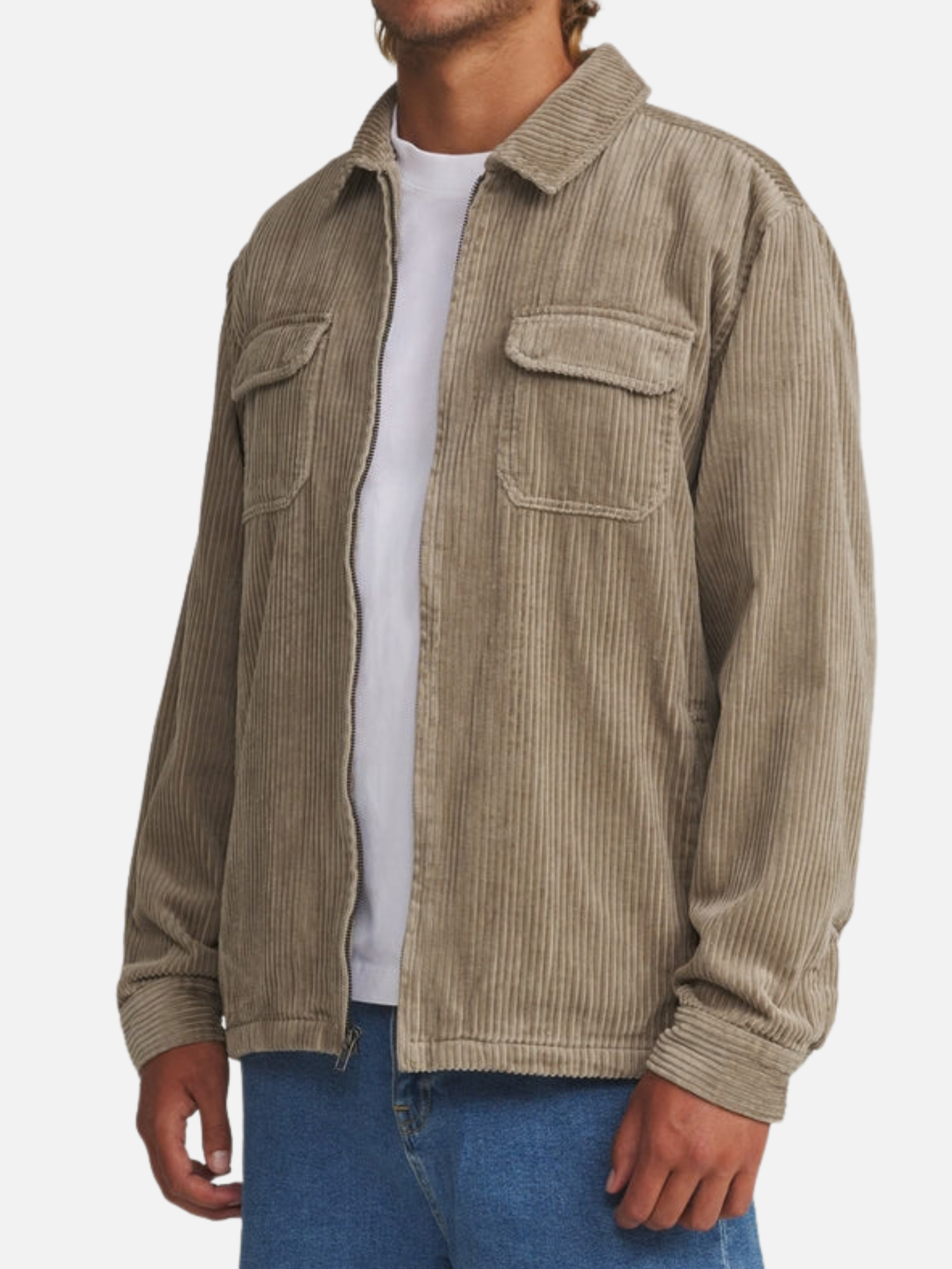 Katin Kane Jacket Textured Vintage Khaki Color Hidden Zipper Two Front Pockets with a Collar side on a model