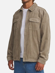 Katin Kane Jacket Textured Vintage Khaki Color Hidden Zipper Two Front Pockets with a Collar side on a model