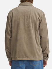 Katin Kane Jacket Textured Vintage Khaki Color Hidden Zipper Two Front Pockets with a Collar  back view on a model