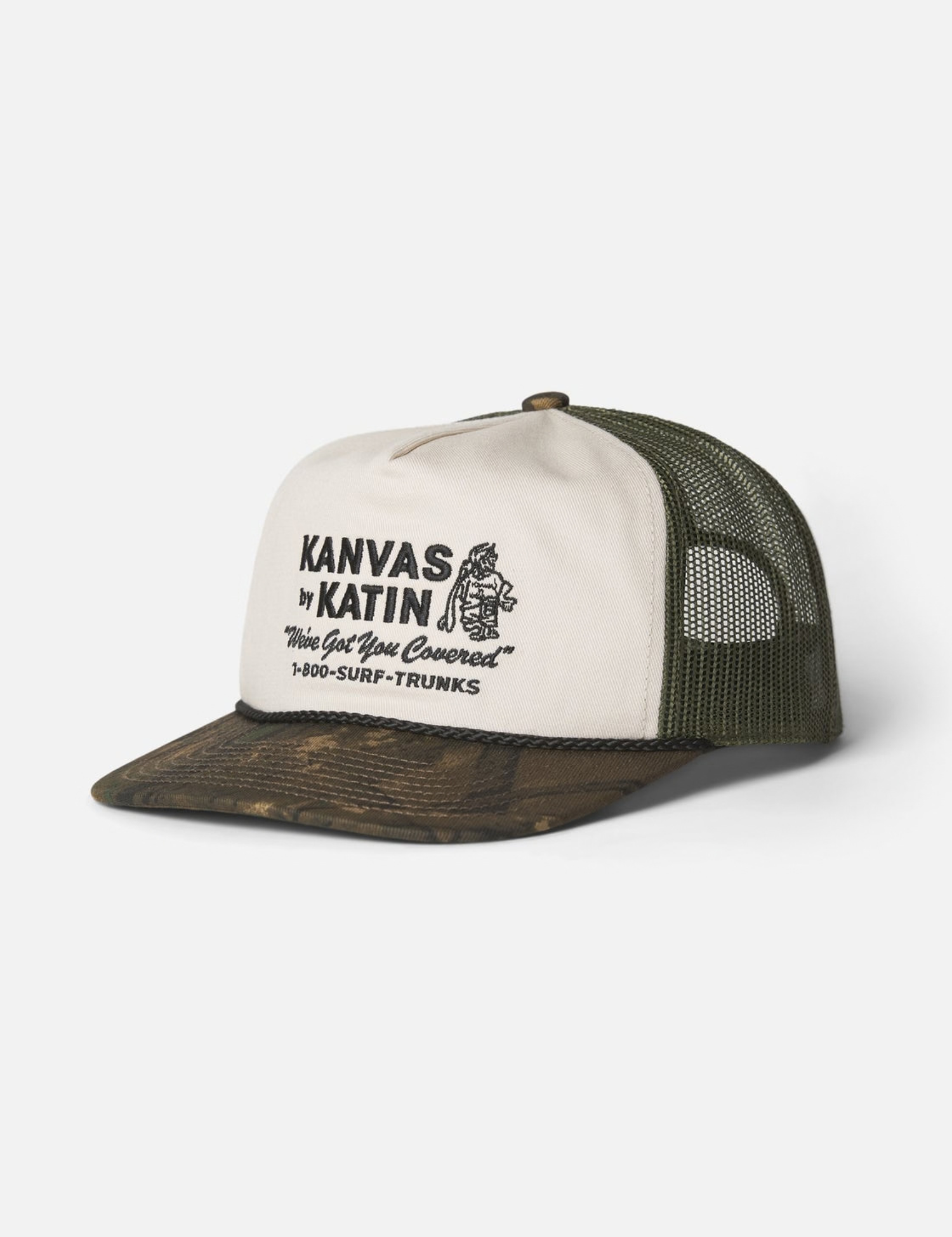 Katin Service Trucker Hat Camo Print on bill green Mesh on Back front flat view