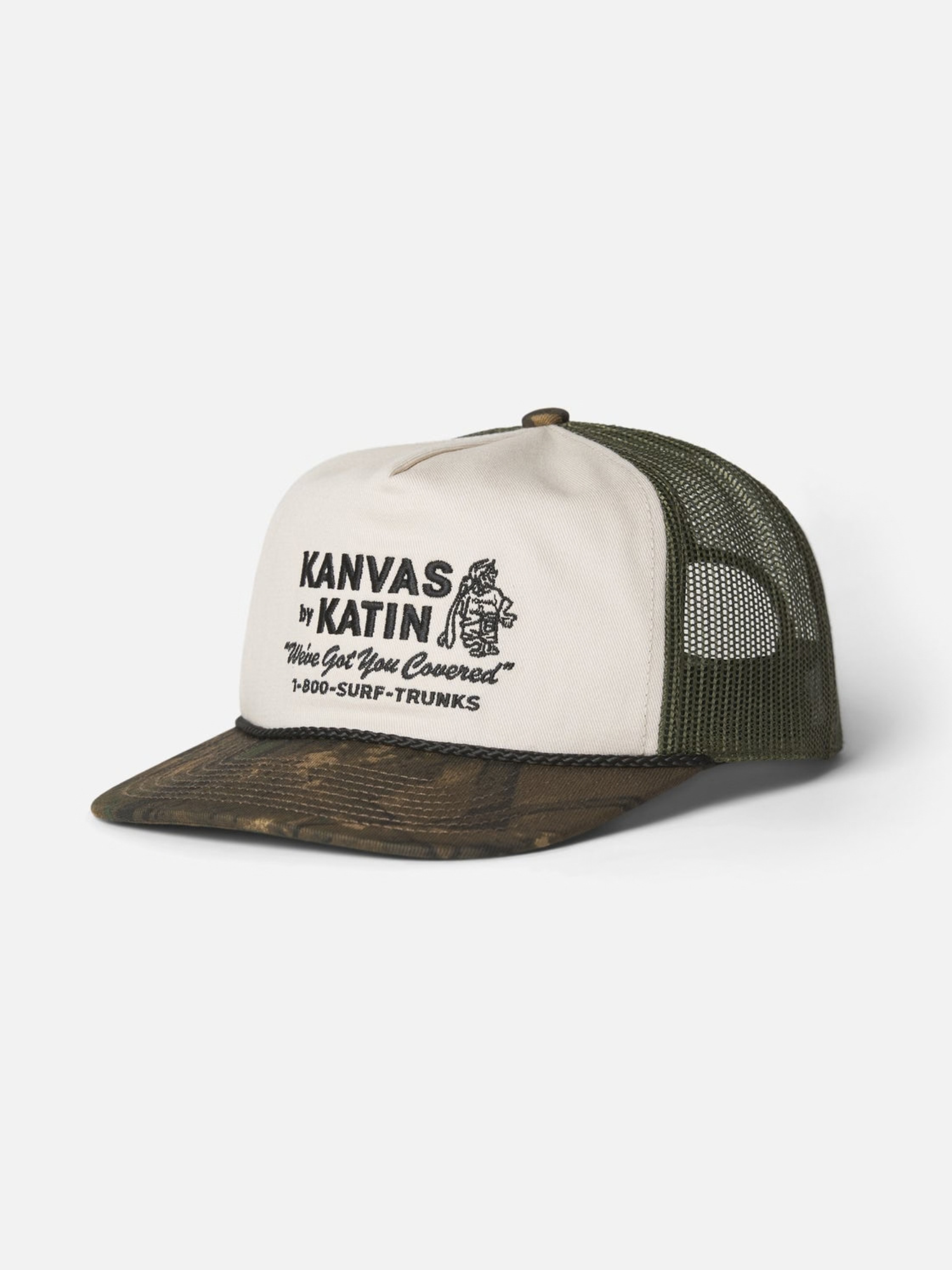 Katin Service Trucker Hat Camo Print on bill green Mesh on Back front flat view