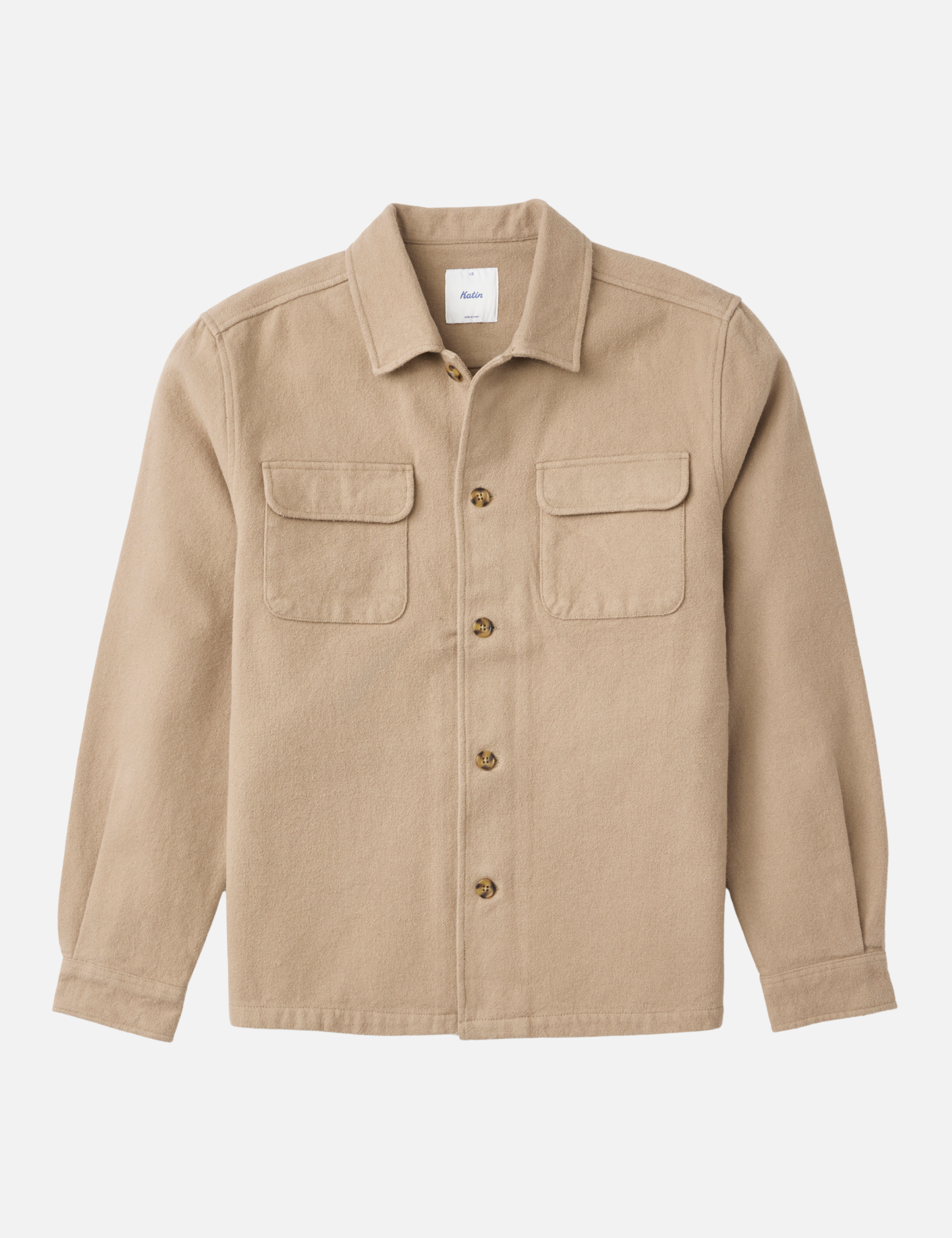 Katin Shiloh Flannel Khaki Cream Color Collared Button Up Two Chest Pockets Long Sleeve Winter Top Front