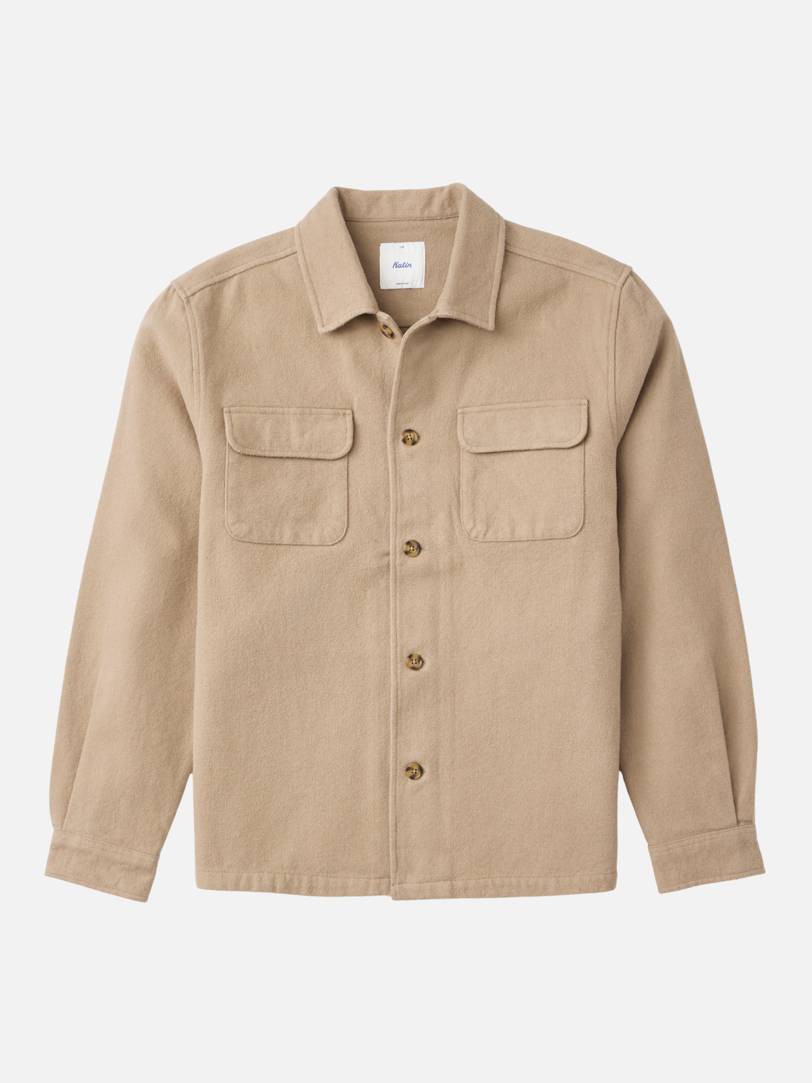 Katin Shiloh Flannel Khaki Cream Color Collared Button Up Two Chest Pockets Long Sleeve Winter Top Front