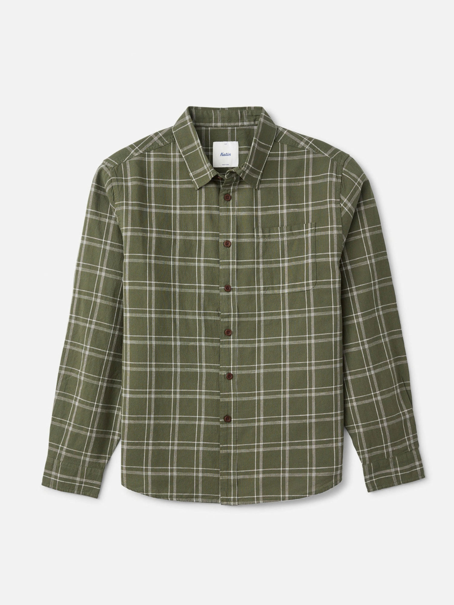 Katin Tack Shirt Plaid Flannel in Green Olive Long Sleeve Collared Button Up front view flat