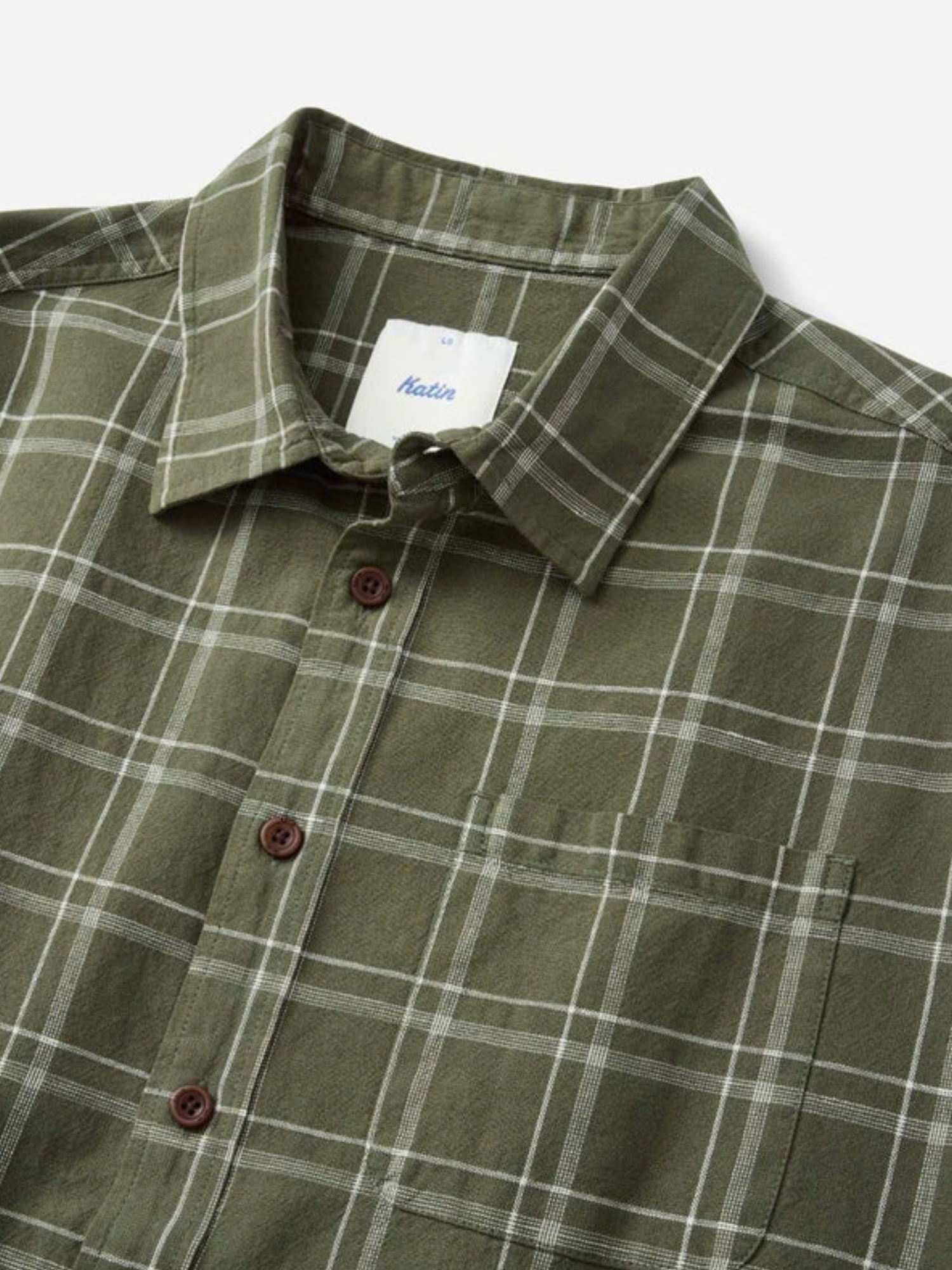 Katin Tack Shirt Plaid Flannel in Green Olive Long Sleeve Collared Button Up front view detail zoom in 