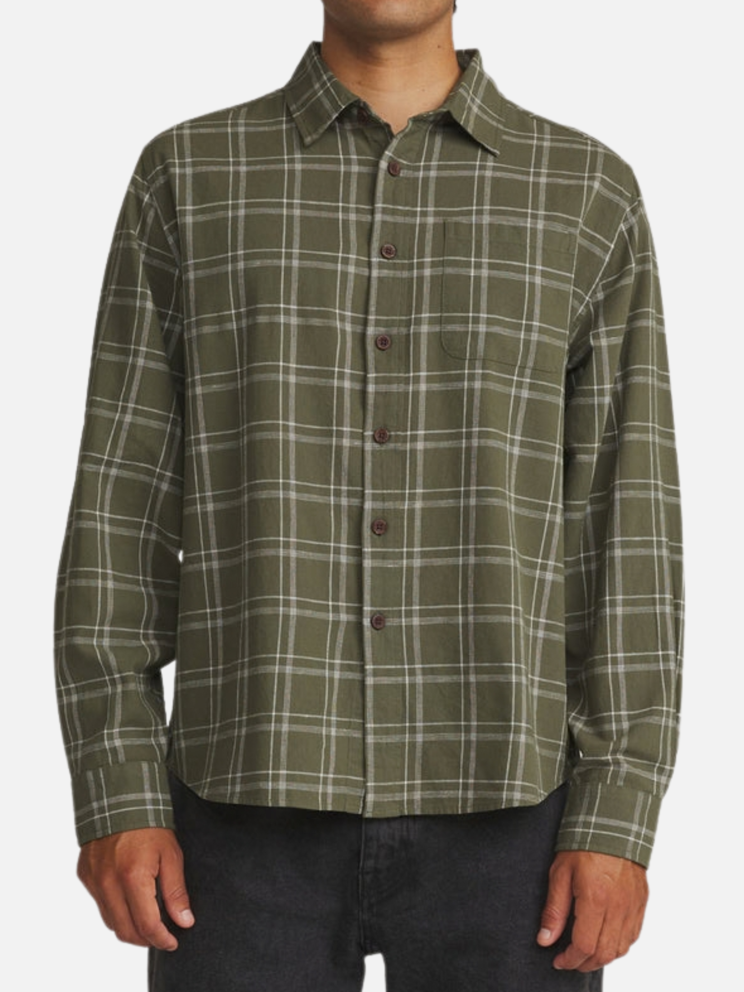 Katin Tack Shirt Plaid Flannel in Green Olive Long Sleeve Collared Button Up model front