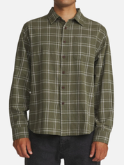 Katin Tack Shirt Plaid Flannel in Green Olive Long Sleeve Collared Button Up model front