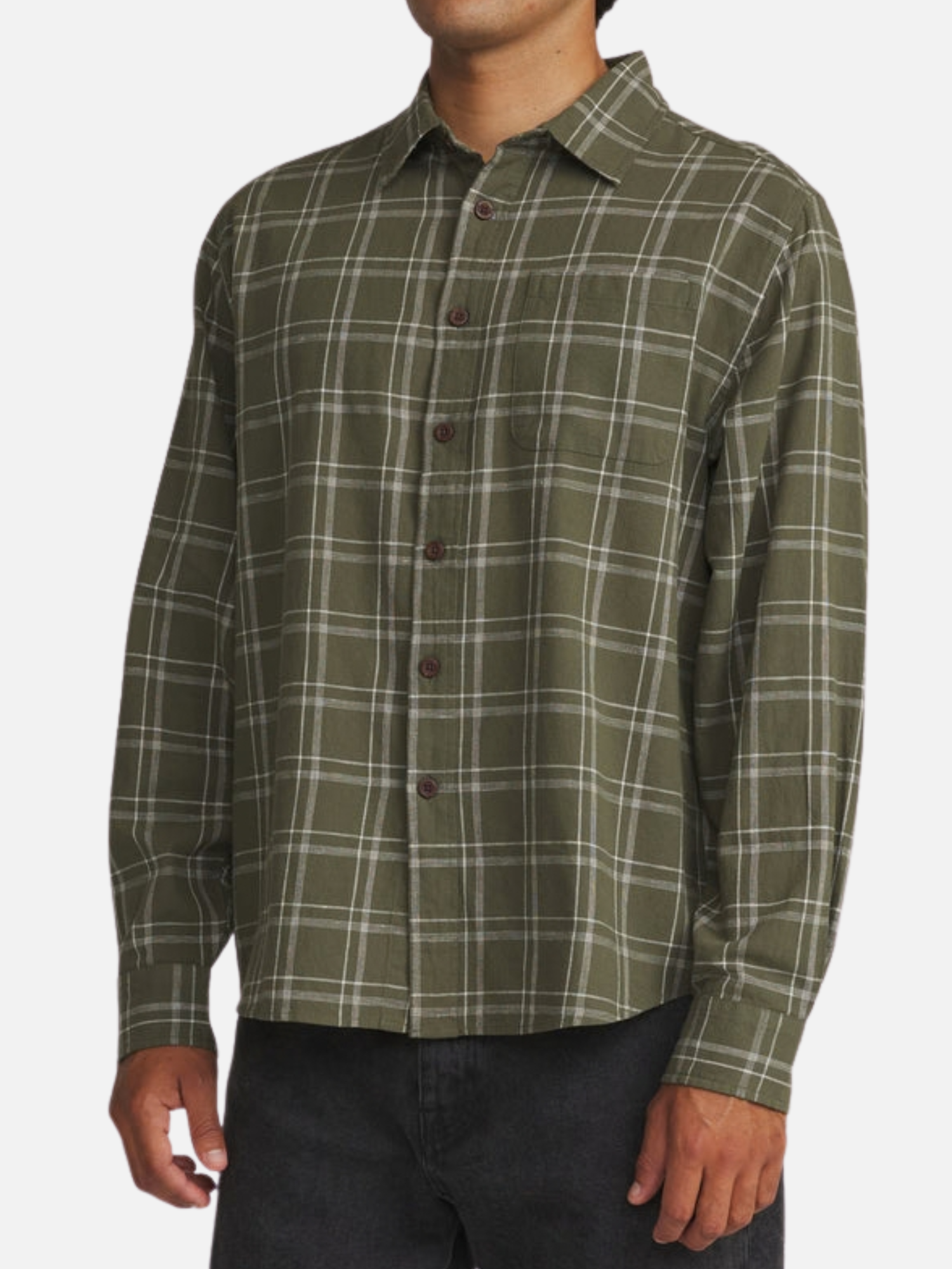 Katin Tack Shirt Plaid Flannel in Green Olive Long Sleeve Collared Button Up front model 
