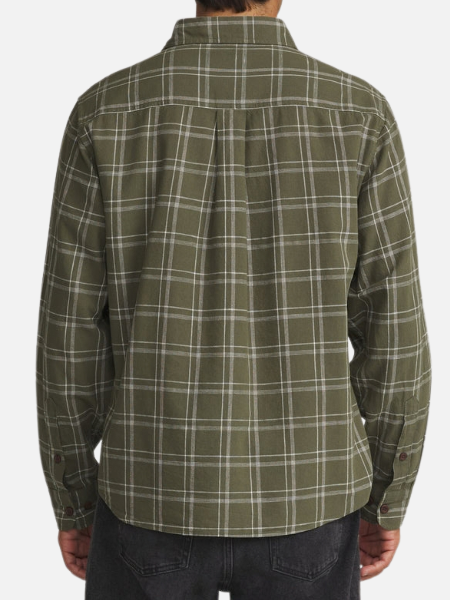 Katin Tack Shirt Plaid Flannel in Green Olive Long Sleeve Collared Button Up back model
