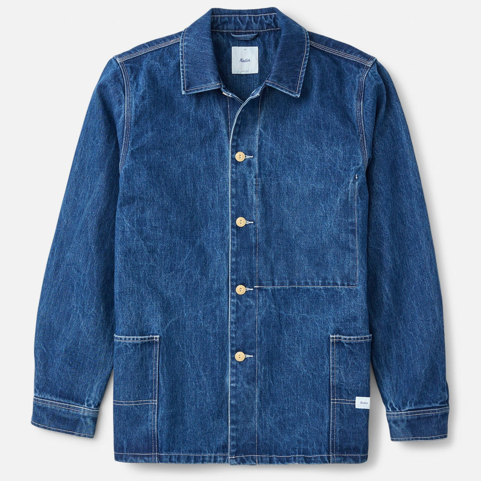 Katin Task Coat Denim Blue Mid Wash Chore Coat Collar Button Up Jacket with Front Pockets Front