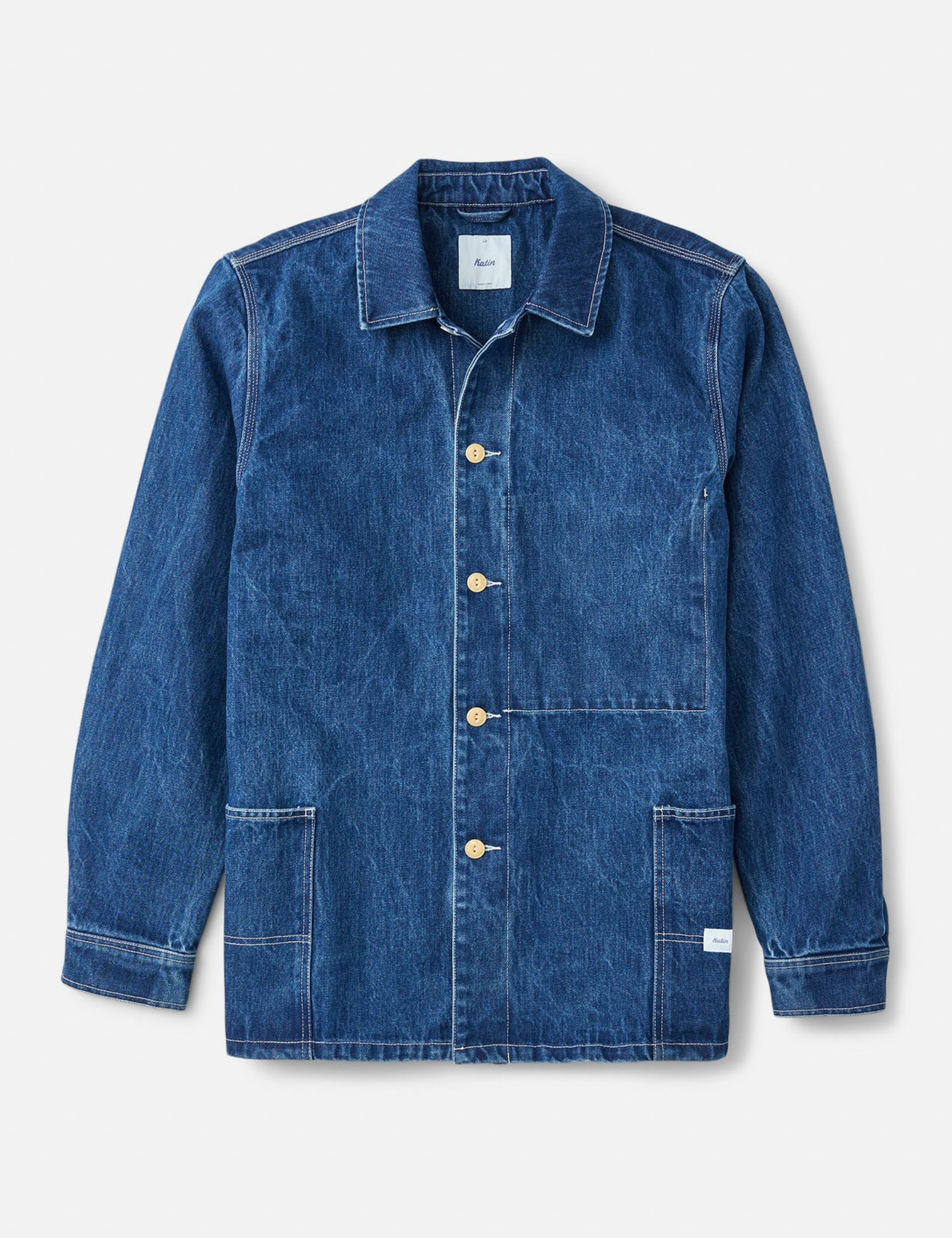 Katin Task Coat Denim Blue Mid Wash Chore Coat Collar Button Up Jacket with Front Pockets Front