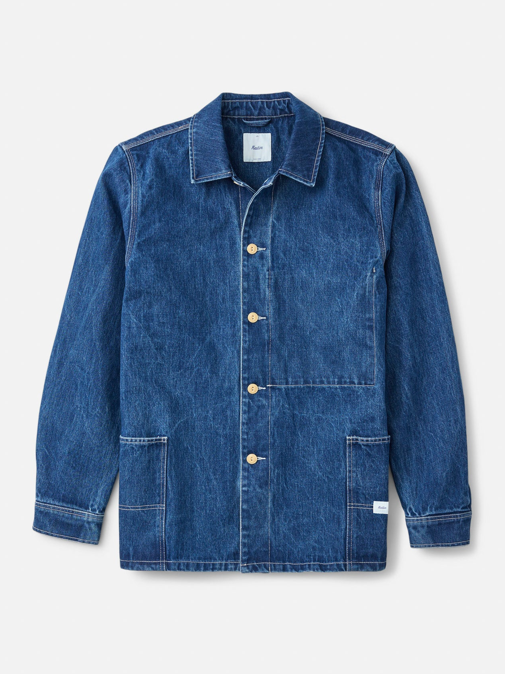 Katin Task Coat Denim Blue Mid Wash Chore Coat Collar Button Up Jacket with Front Pockets Front
