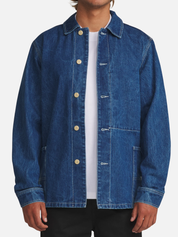 Katin Task Coat Denim Blue Mid Wash Chore Coat Collar Button Up Jacket with Front Pockets Front