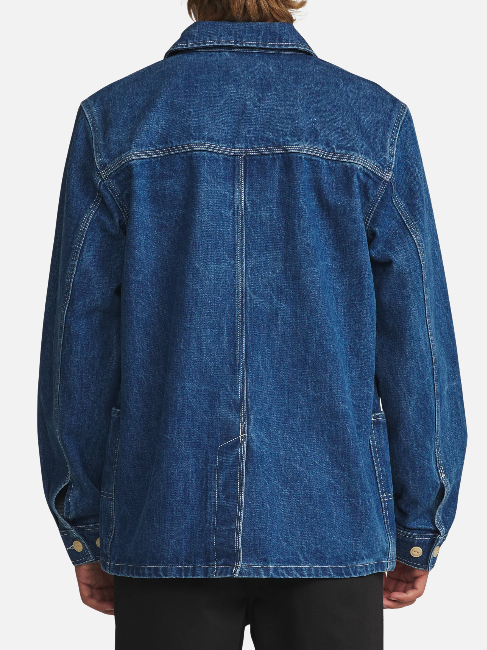 Katin Task Coat Denim Blue Mid Wash Chore Coat Collar Button Up Jacket with Front Pockets Back