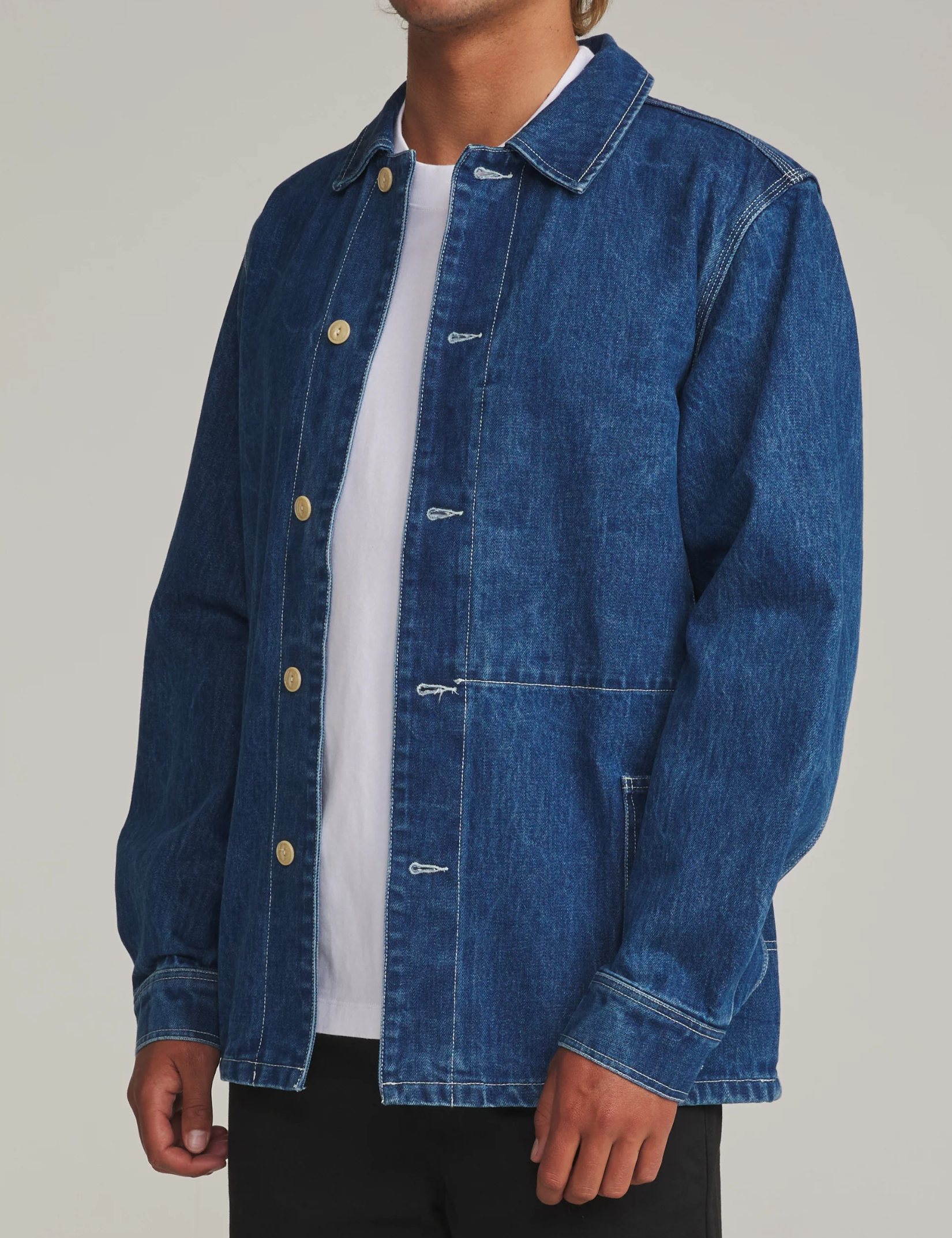 Katin Task Coat Denim Blue Mid Wash Chore Coat Collar Button Up Jacket with Front Pockets Front Side