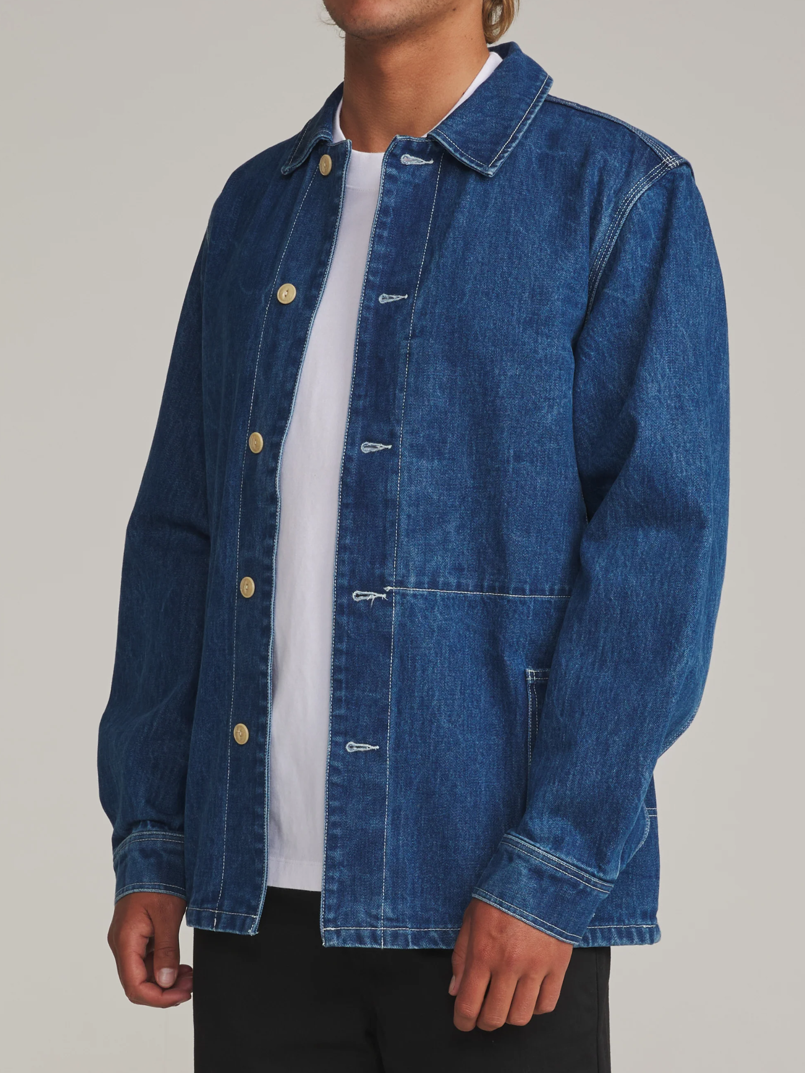 Katin Task Coat Denim Blue Mid Wash Chore Coat Collar Button Up Jacket with Front Pockets Front Side