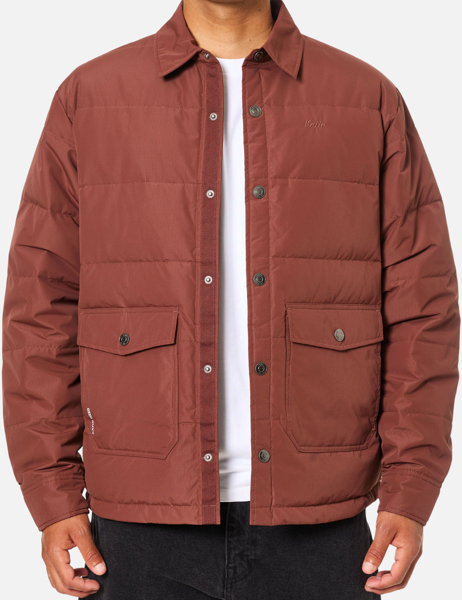 Katin OTG Out There Gear Puffer Jacket Mahogany Red Men's Water Proof Snap Button Coat For Men Athens GA Georgia Kempt Menswear Store Near Me