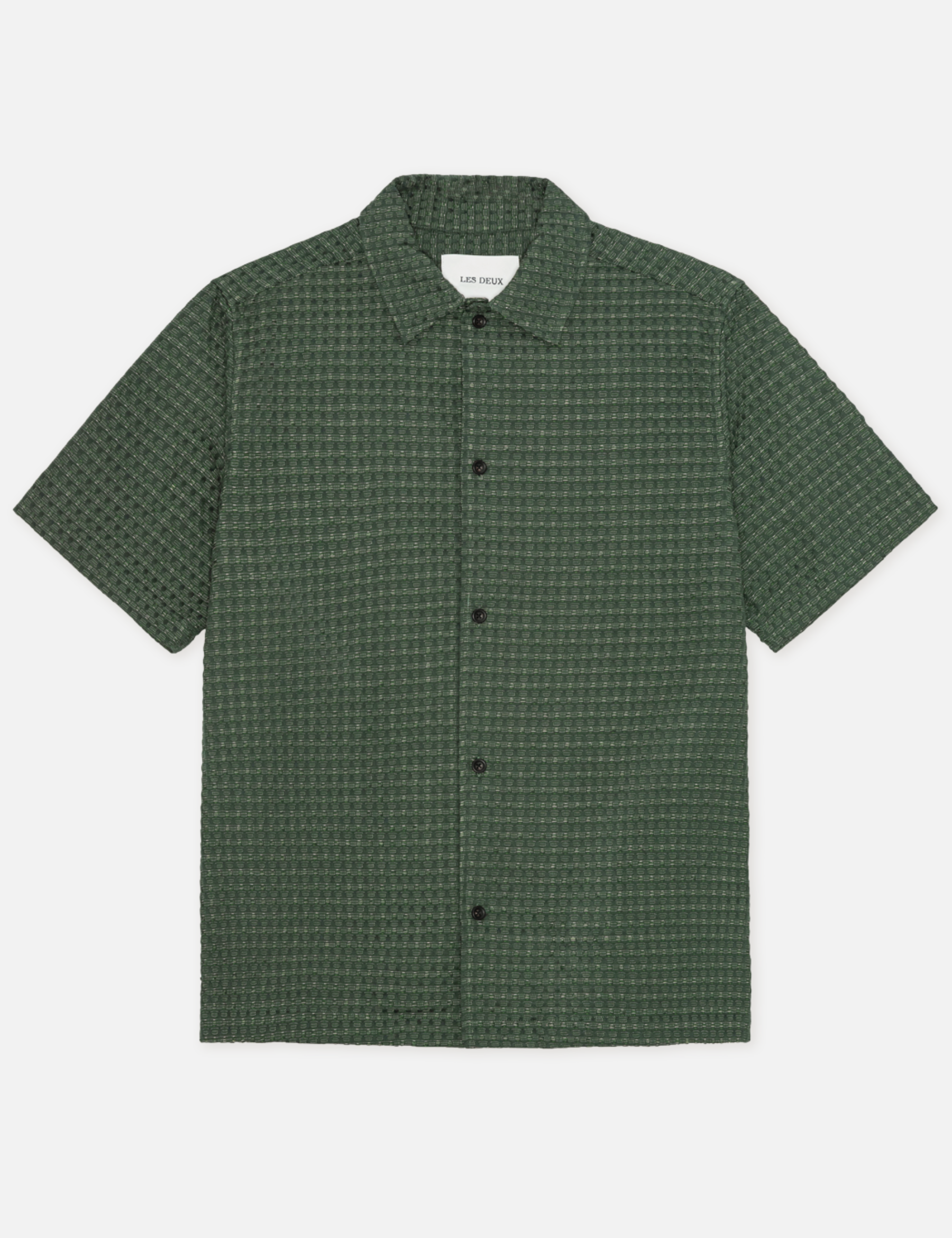 Les Deux Check Seersucker Texture Short Sleeve Shirt Pine Green Collared Button up Men’s Top for Men Vacation Shirts for Men Athens GA Georgia Kempt Menswear Store Near Me