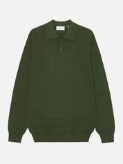 Les Deux Check Structure Knitted LS Polo Rifle Green Top - front flat