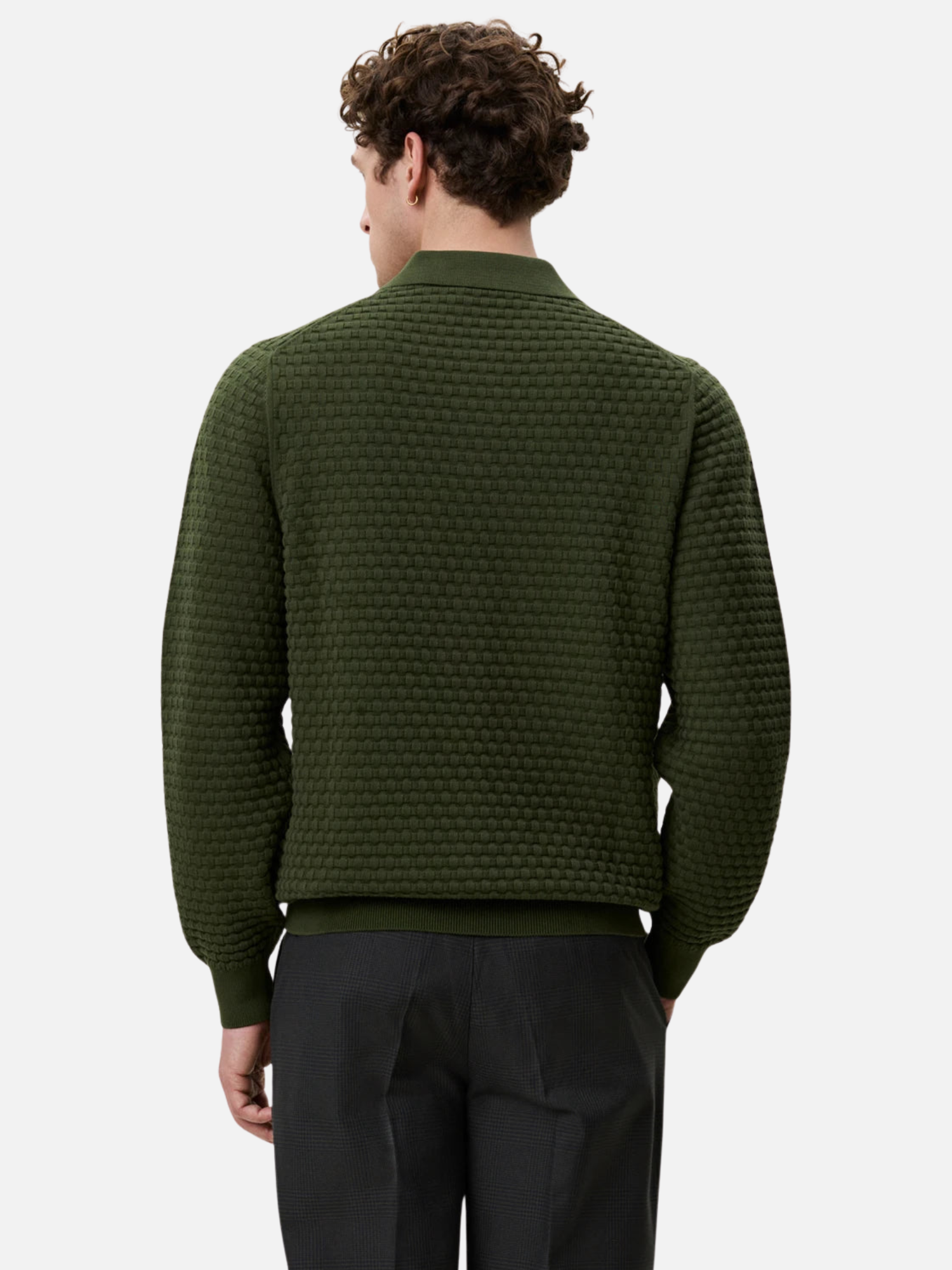 Les Deux Check Structure Knitted LS Polo Rifle Green Top - model back zoom