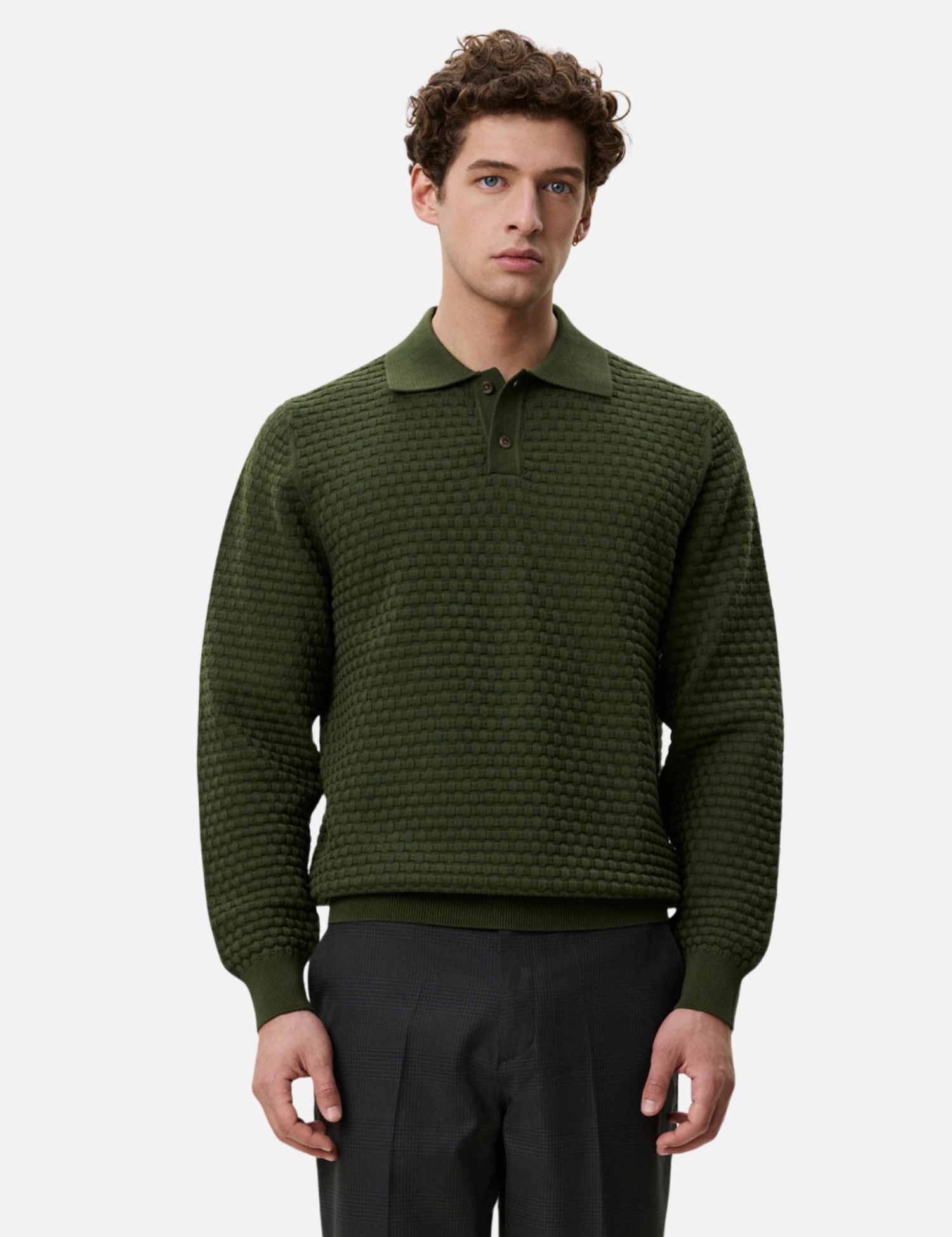 Les Deux Check Structure Knitted LS Polo Rifle Green Top - model front zoom

