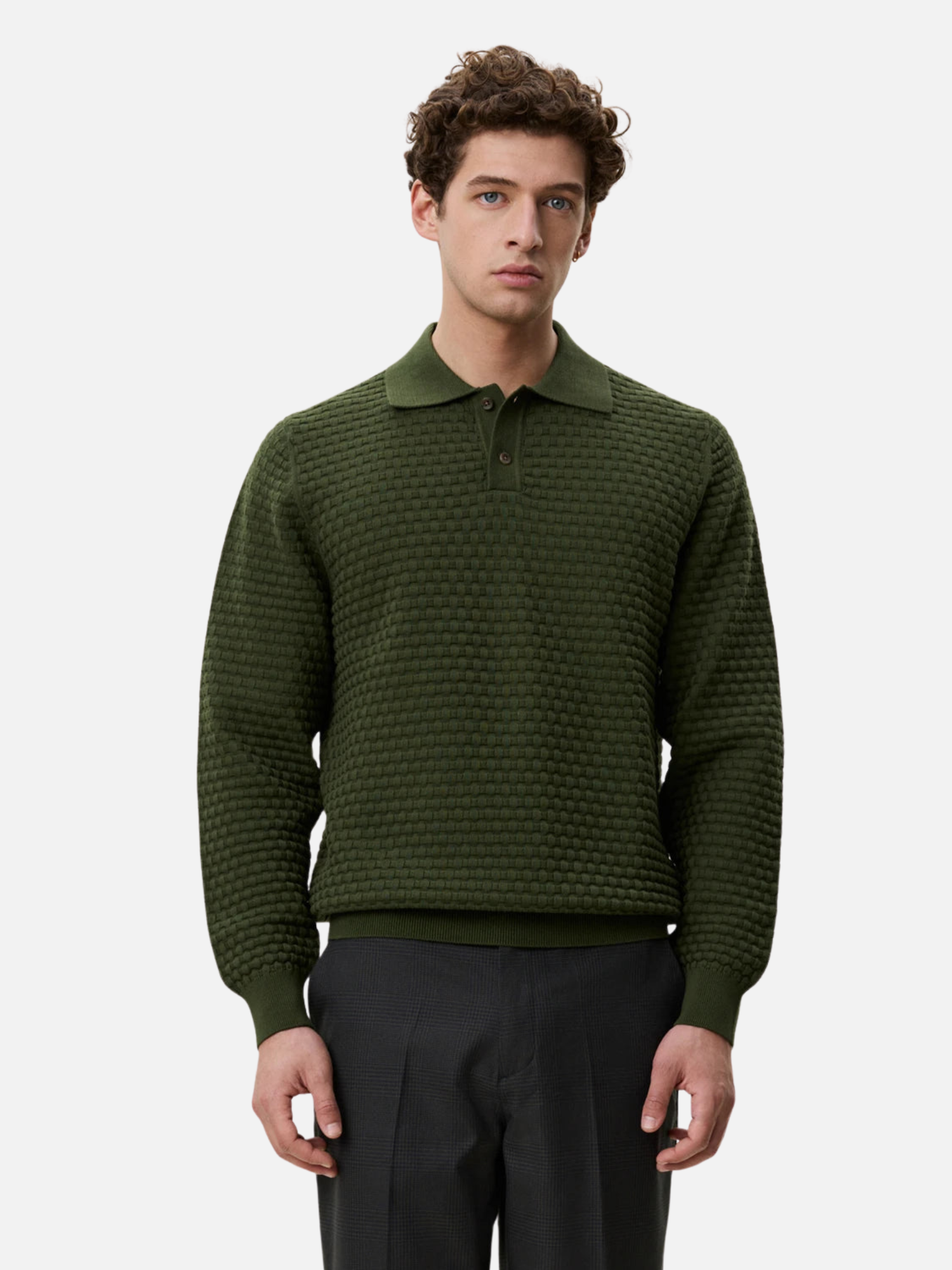 Les Deux Check Structure Knitted LS Polo Rifle Green Top - model front zoom
