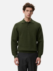 Les Deux Check Structure Knitted LS Polo Rifle Green Top - model front zoom
