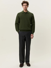 Les Deux Check Structure Knitted LS Polo Rifle Green Top - model front full