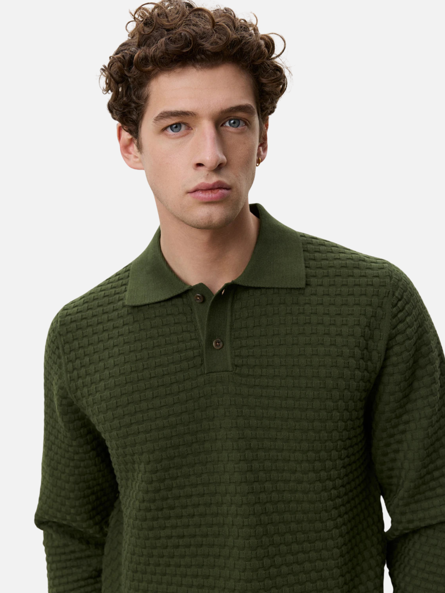 Les Deux Check Structure Knitted LS Polo Rifle Green Top - model front zoom