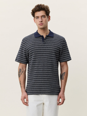 Les Deux Knitted Stripe Polo Dark Blue Night Men’s Shirts Tops for Men Collared Casual Vacation Outfit for Guys Athens GA Georgia Kempt Menswear Store Near Me