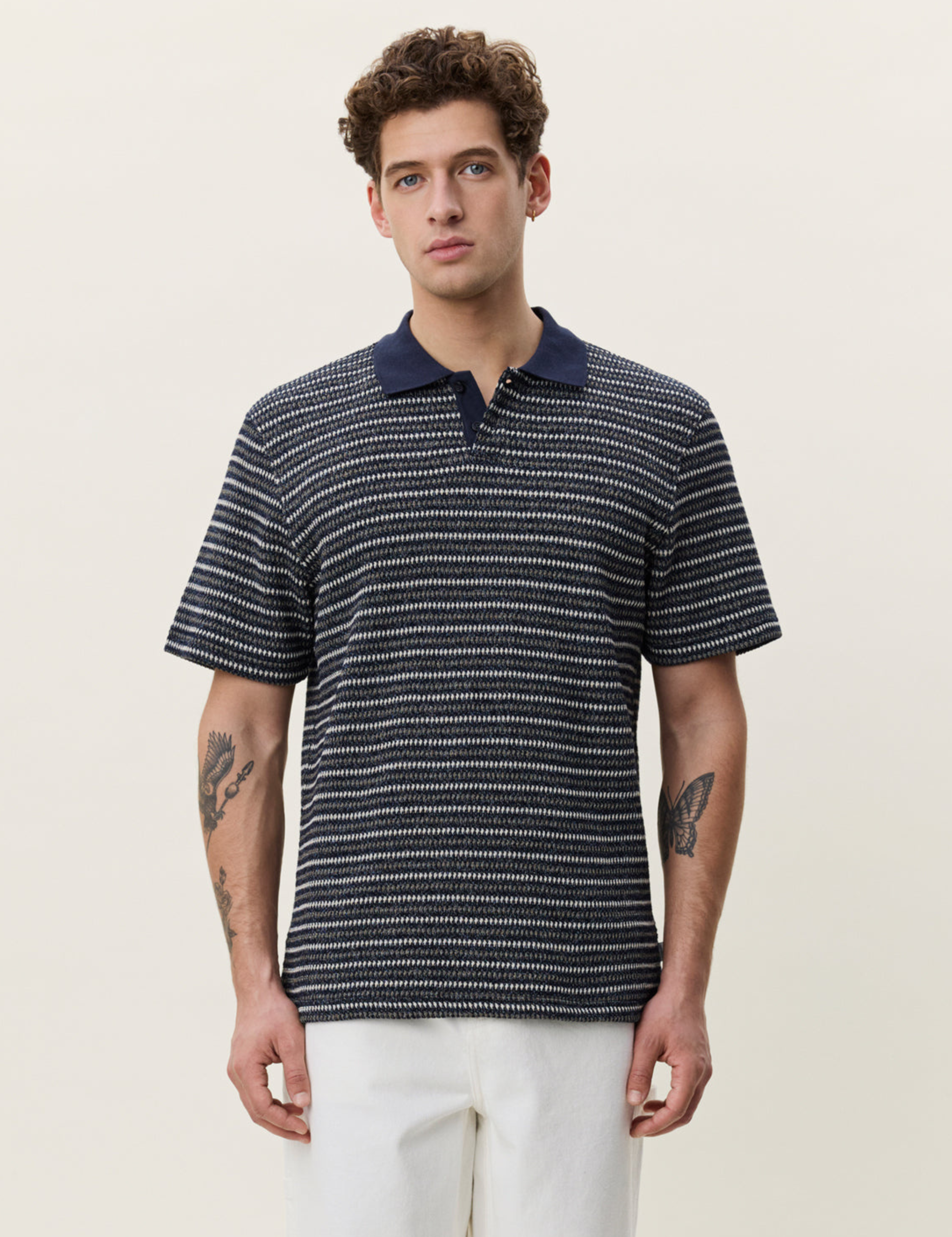 Les Deux Knitted Stripe Polo Dark Blue Night Men’s Shirts Tops for Men Collared Casual Vacation Outfit for Guys Athens GA Georgia Kempt Menswear Store Near Me