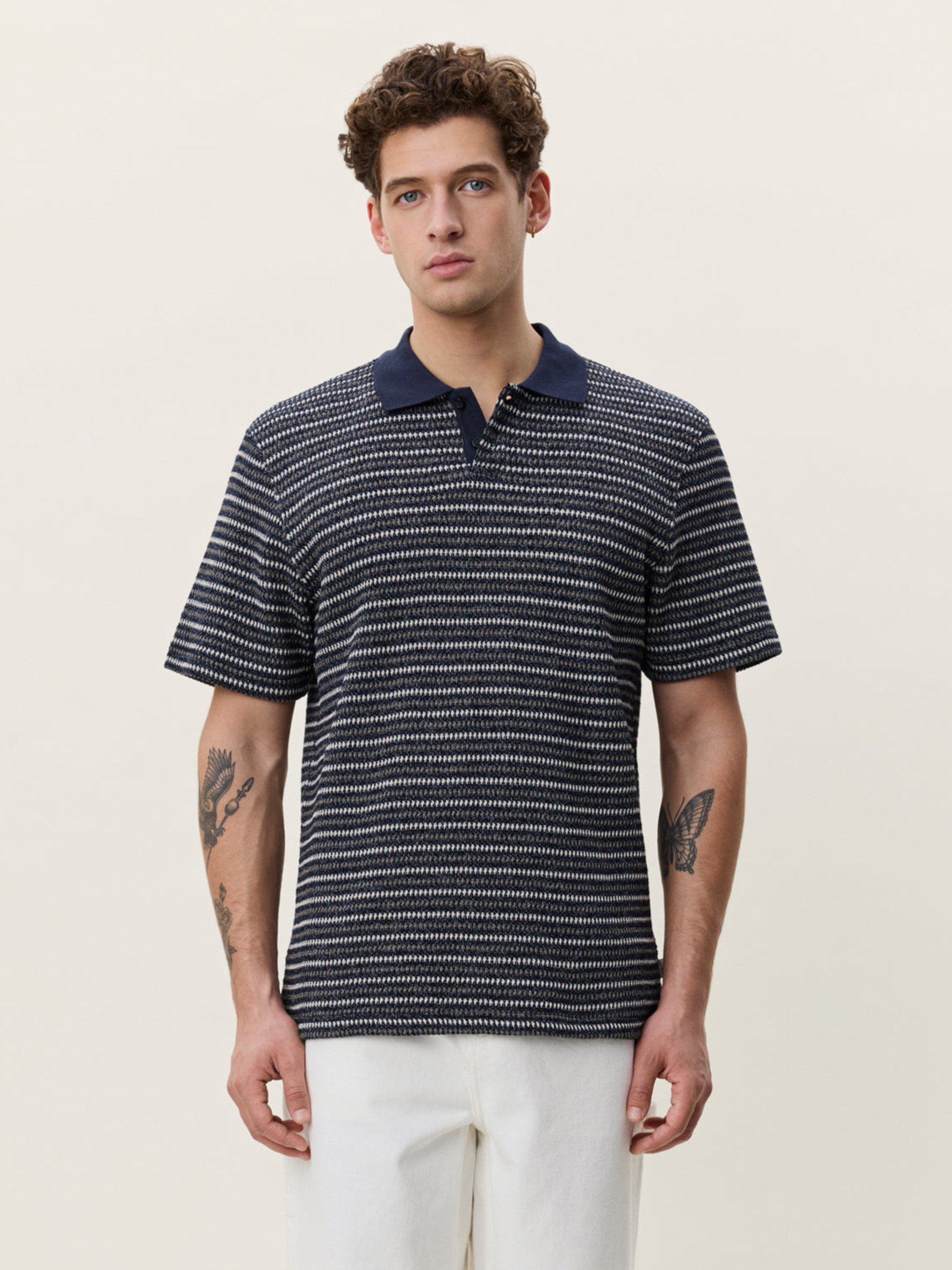 Les Deux Knitted Stripe Polo Dark Blue Night Men’s Shirts Tops for Men Collared Casual Vacation Outfit for Guys Athens GA Georgia Kempt Menswear Store Near Me