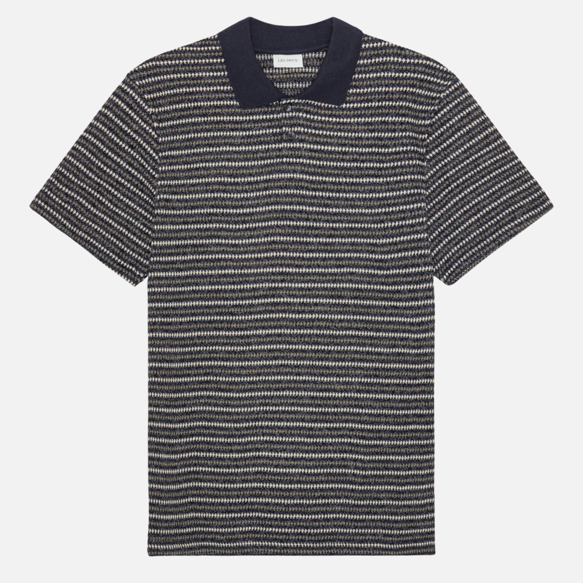 Les Deux Knitted Stripe Polo Dark Blue Night Men’s Shirts Tops for Men Collared Casual Vacation Outfit for Guys Athens GA Georgia Kempt Menswear Store Near Me