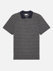 Les Deux Knitted Stripe Polo Dark Blue Night Men’s Shirts Tops for Men Collared Casual Vacation Outfit for Guys Athens GA Georgia Kempt Menswear Store Near Me