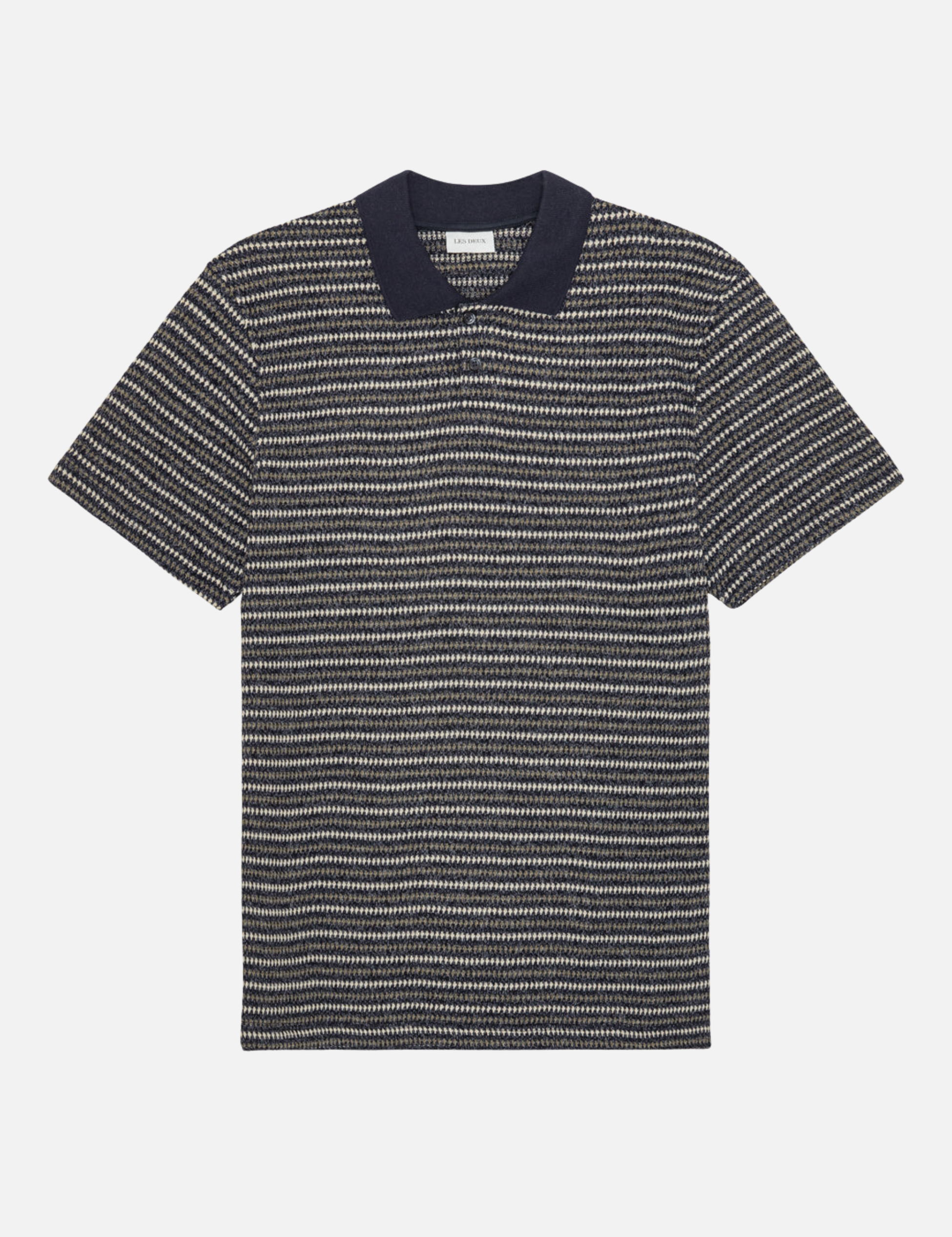 Les Deux Knitted Stripe Polo Dark Blue Night Men’s Shirts Tops for Men Collared Casual Vacation Outfit for Guys Athens GA Georgia Kempt Menswear Store Near Me