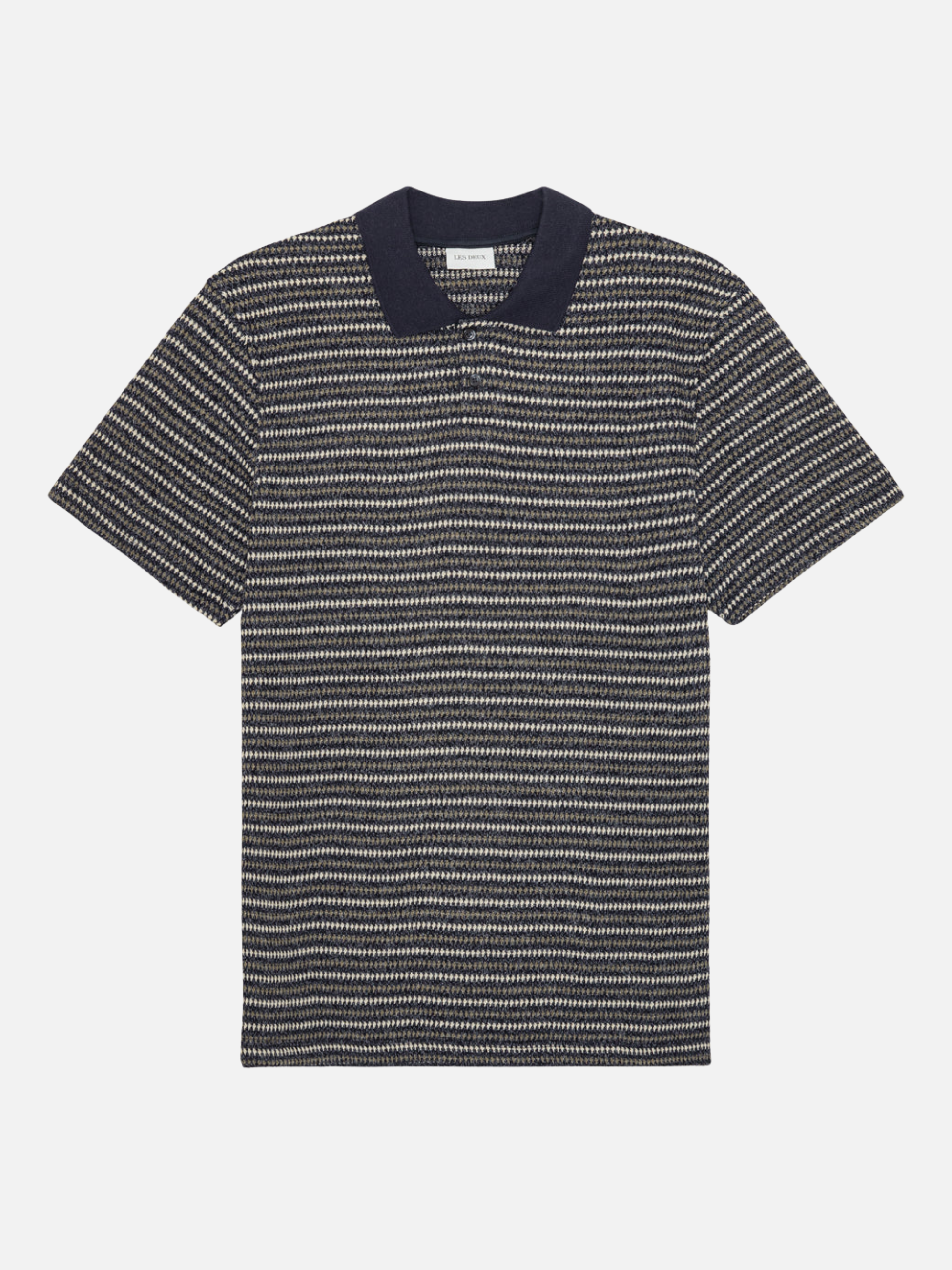 Les Deux Knitted Stripe Polo Dark Blue Night Men’s Shirts Tops for Men Collared Casual Vacation Outfit for Guys Athens GA Georgia Kempt Menswear Store Near Me