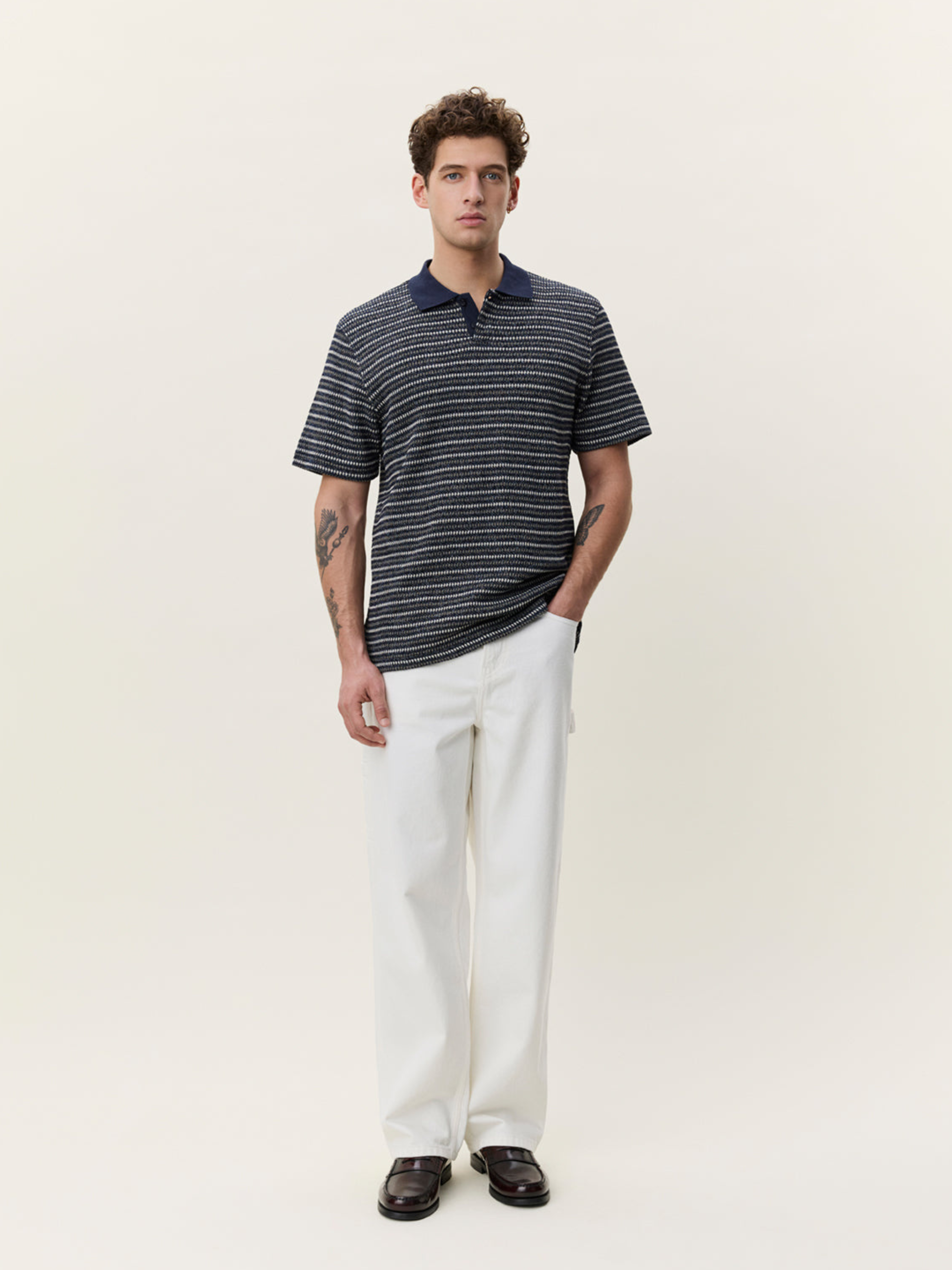 Les Deux Knitted Stripe Polo Dark Blue Night Men’s Shirts Tops for Men Collared Casual Vacation Outfit for Guys Athens GA Georgia Kempt Menswear Store Near Me