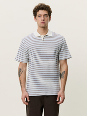 Les Deux Knitted Stripe Polo Eggnog White Light Blue StripesMen’s Shirts Tops for Men Collared Casual Vacation Outfit for Guys Athens GA Georgia Kempt Menswear Store Near Me