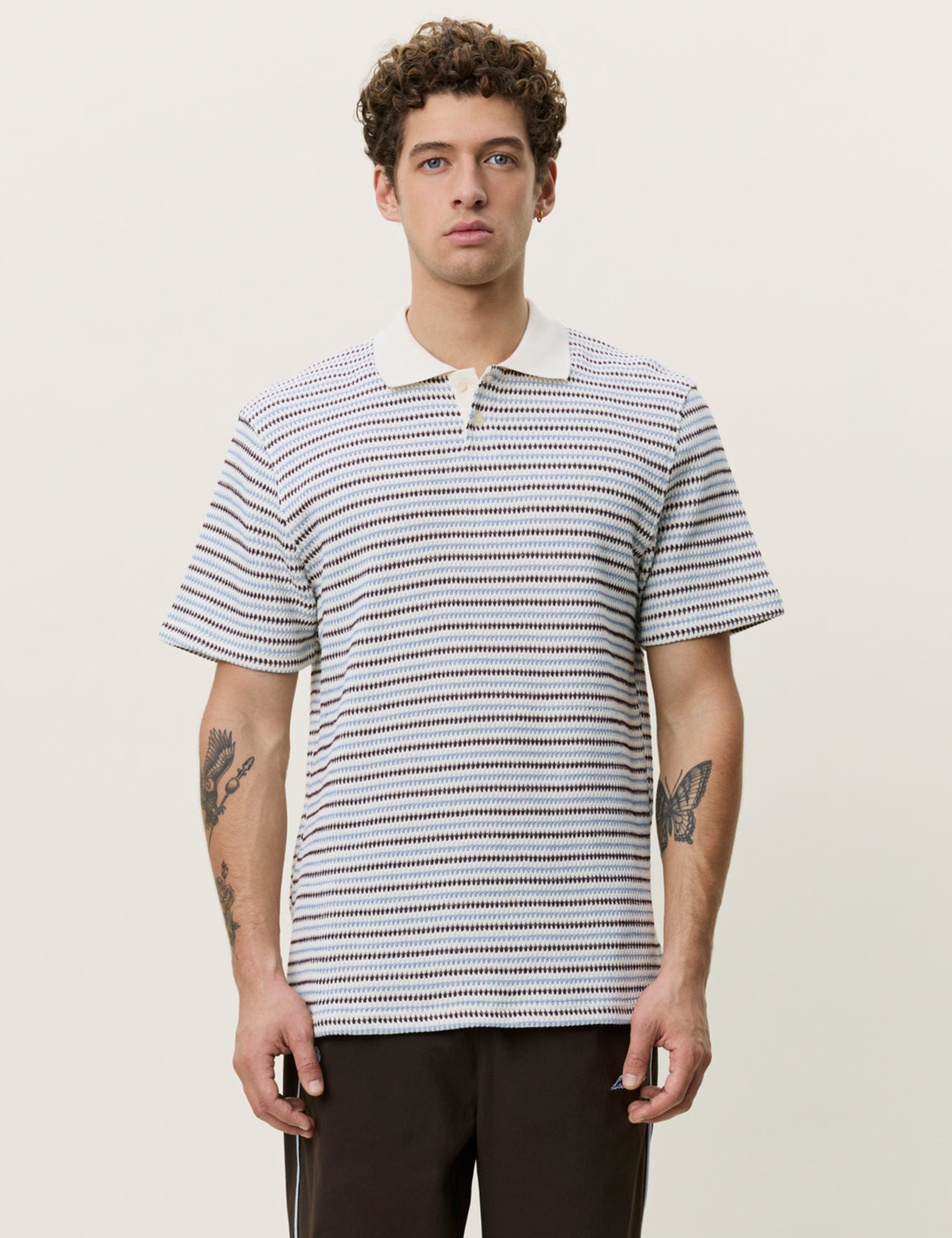 Les Deux Knitted Stripe Polo Eggnog White Light Blue StripesMen’s Shirts Tops for Men Collared Casual Vacation Outfit for Guys Athens GA Georgia Kempt Menswear Store Near Me