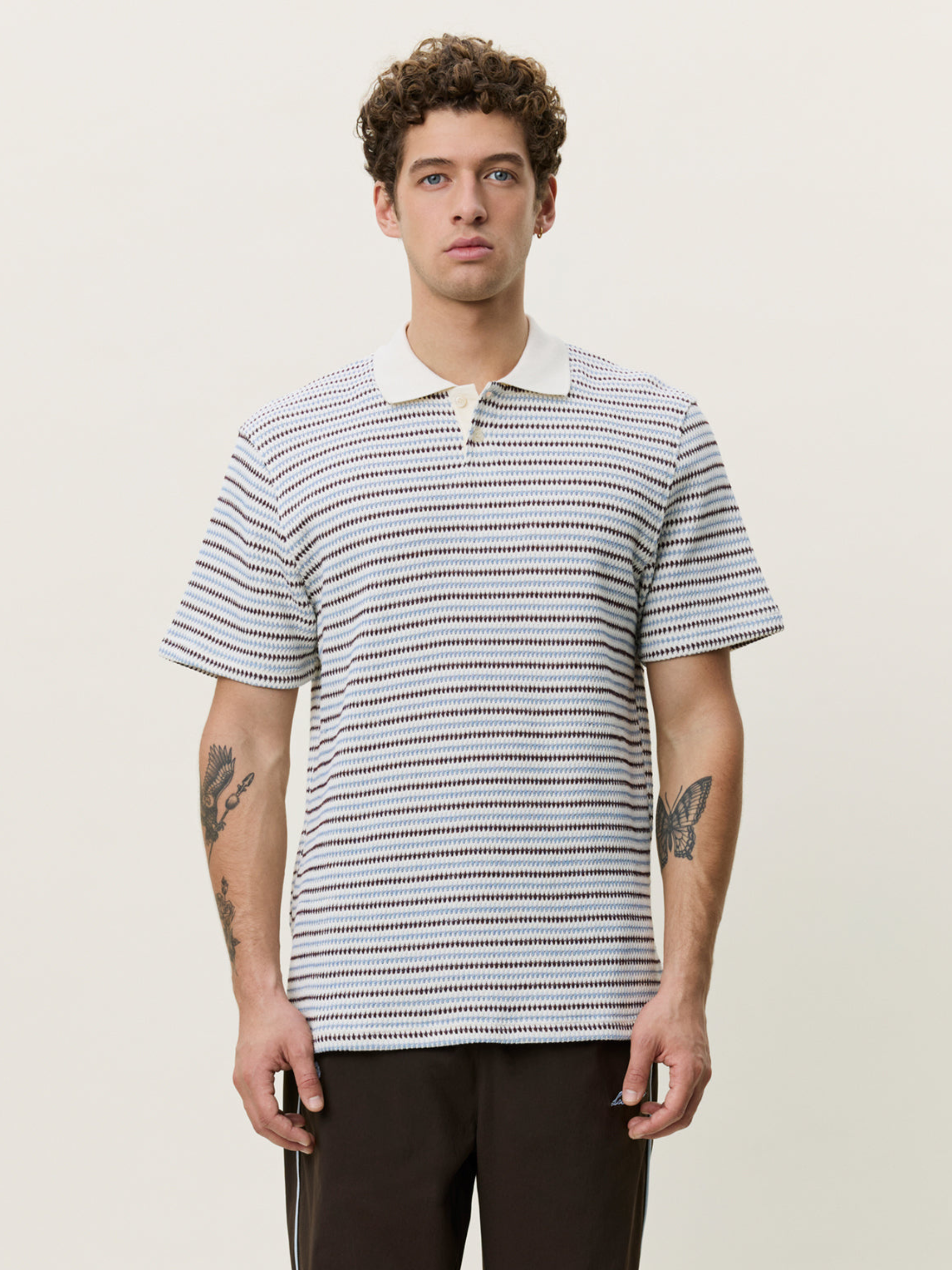 Les Deux Knitted Stripe Polo Eggnog White Light Blue StripesMen’s Shirts Tops for Men Collared Casual Vacation Outfit for Guys Athens GA Georgia Kempt Menswear Store Near Me