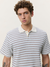 Les Deux Knitted Stripe Polo Eggnog White Light Blue StripesMen’s Shirts Tops for Men Collared Casual Vacation Outfit for Guys Athens GA Georgia Kempt Menswear Store Near Me