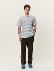Les Deux Knitted Stripe Polo Eggnog White Light Blue StripesMen’s Shirts Tops for Men Collared Casual Vacation Outfit for Guys Athens GA Georgia Kempt Menswear Store Near Me