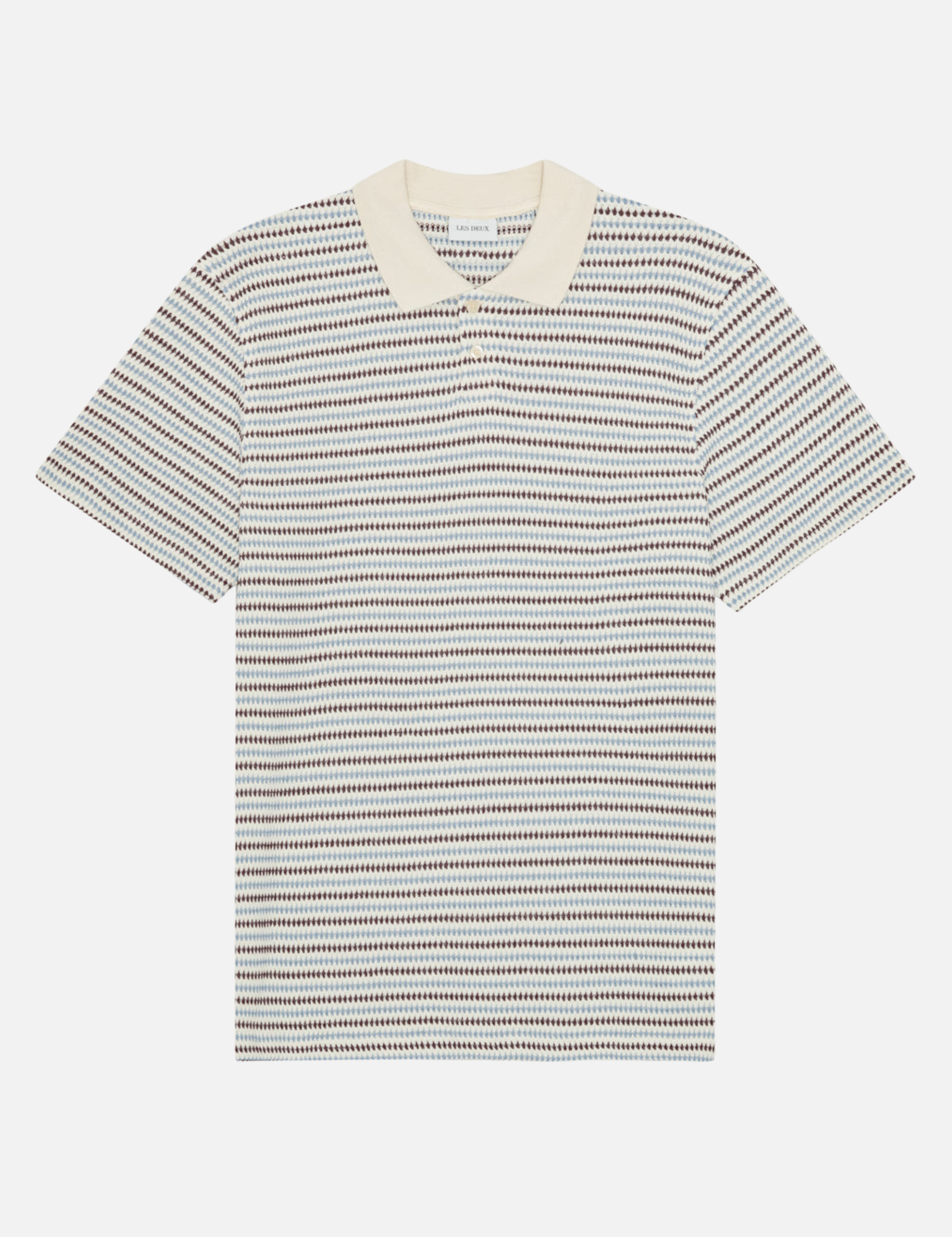 Les Deux Knitted Stripe Polo Eggnog White Light Blue StripesMen’s Shirts Tops for Men Collared Casual Vacation Outfit for Guys Athens GA Georgia Kempt Menswear Store Near Me