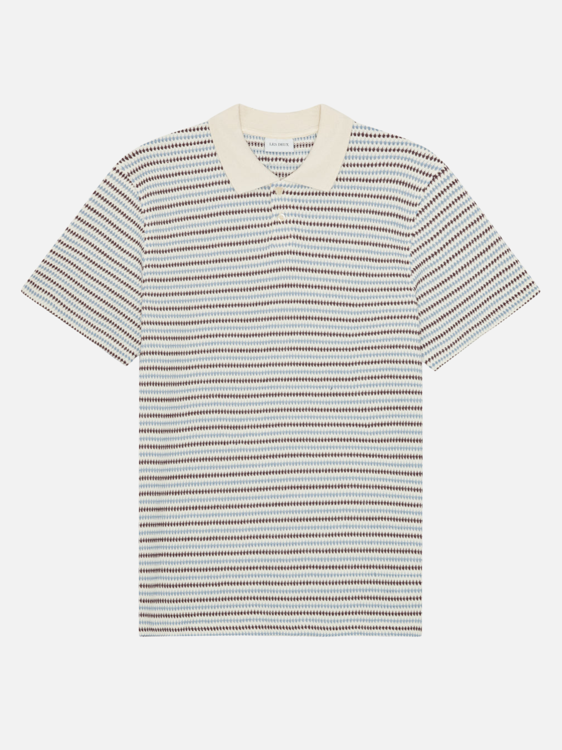 Les Deux Knitted Stripe Polo Eggnog White Light Blue StripesMen’s Shirts Tops for Men Collared Casual Vacation Outfit for Guys Athens GA Georgia Kempt Menswear Store Near Me