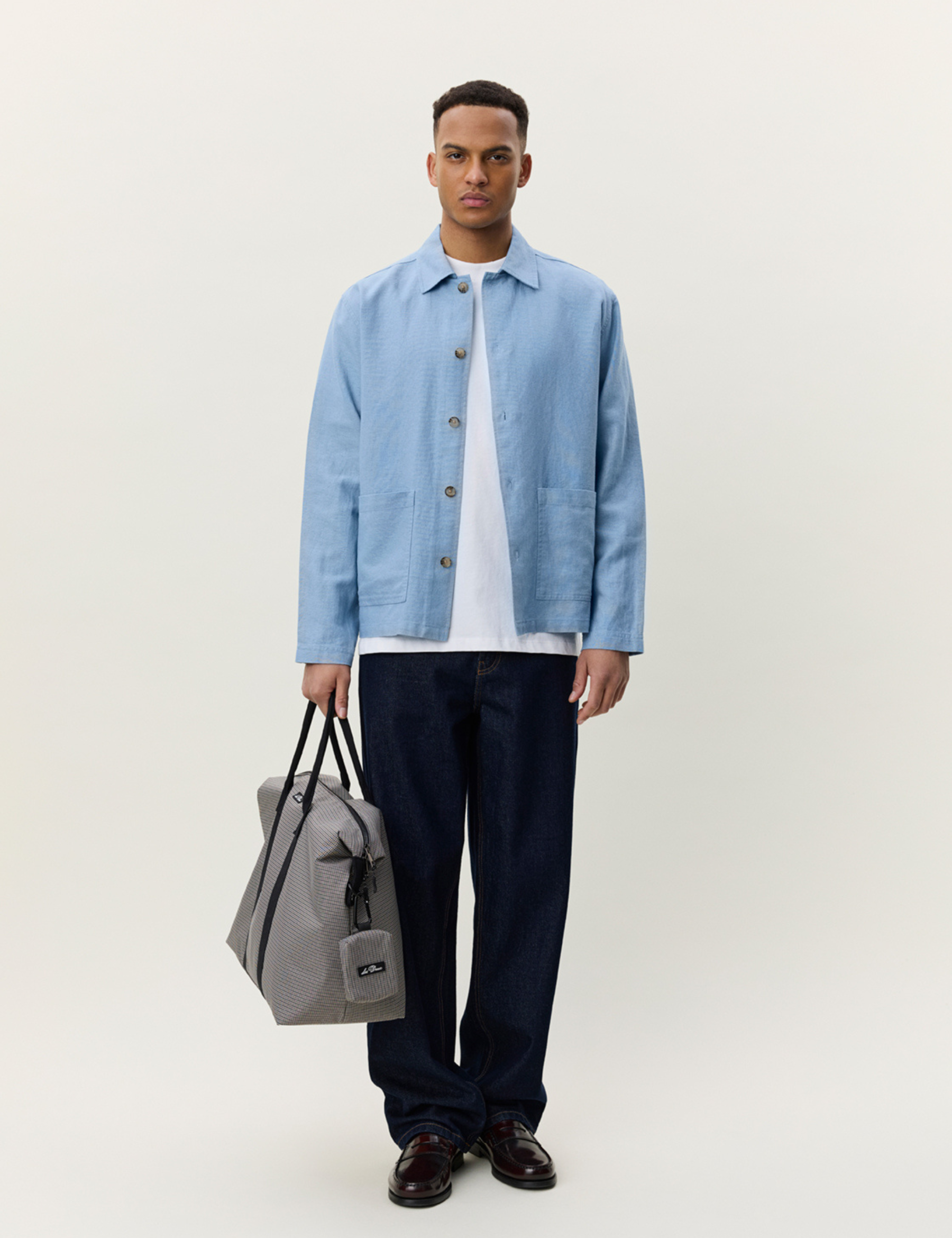 Les Deux Linen Overshirt Faded Denim Blue Chore Coat Front Pockets Collared Long Sleeve Button Up Light Spring Layer Lightweight Jacket for Summer Men’s Tops for Men Athens GA Georgia Kempt Menswear Store Near Me