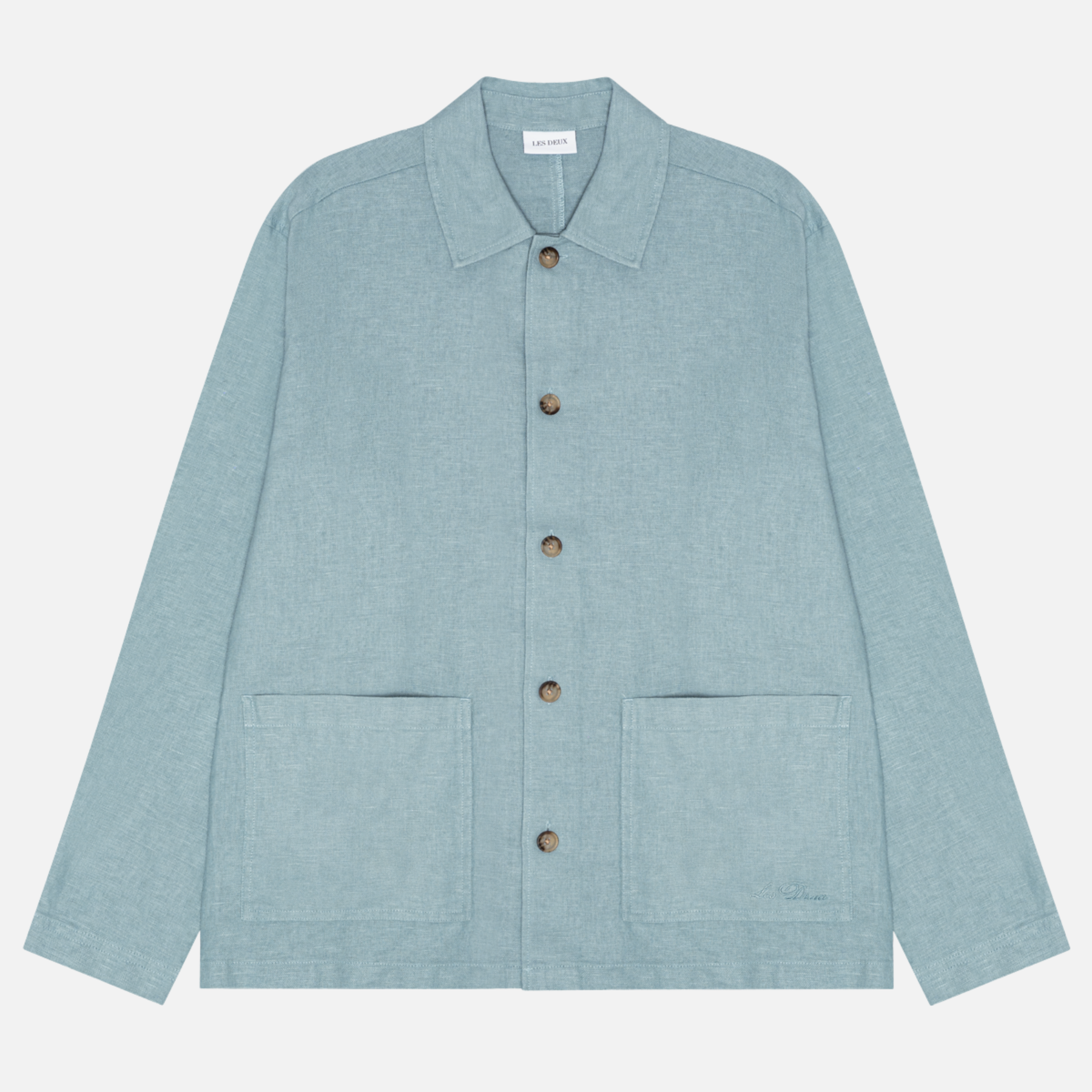 Les Deux Linen Overshirt Faded Denim Blue Chore Coat Front Pockets Collared Long Sleeve Button Up Light Spring Layer Lightweight Jacket for Summer Men’s Tops for Men Athens GA Georgia Kempt Menswear Store Near Me