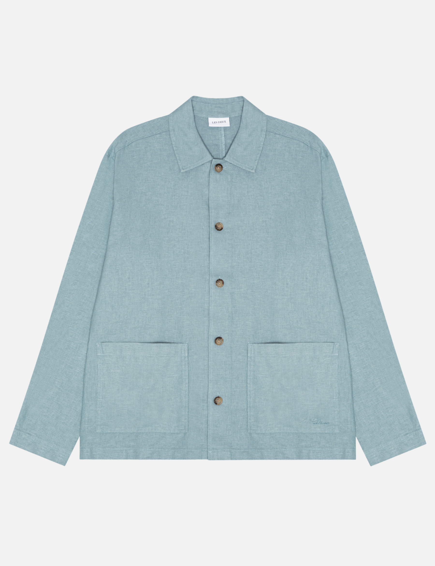 Les Deux Linen Overshirt Faded Denim Blue Chore Coat Front Pockets Collared Long Sleeve Button Up Light Spring Layer Lightweight Jacket for Summer Men’s Tops for Men Athens GA Georgia Kempt Menswear Store Near Me