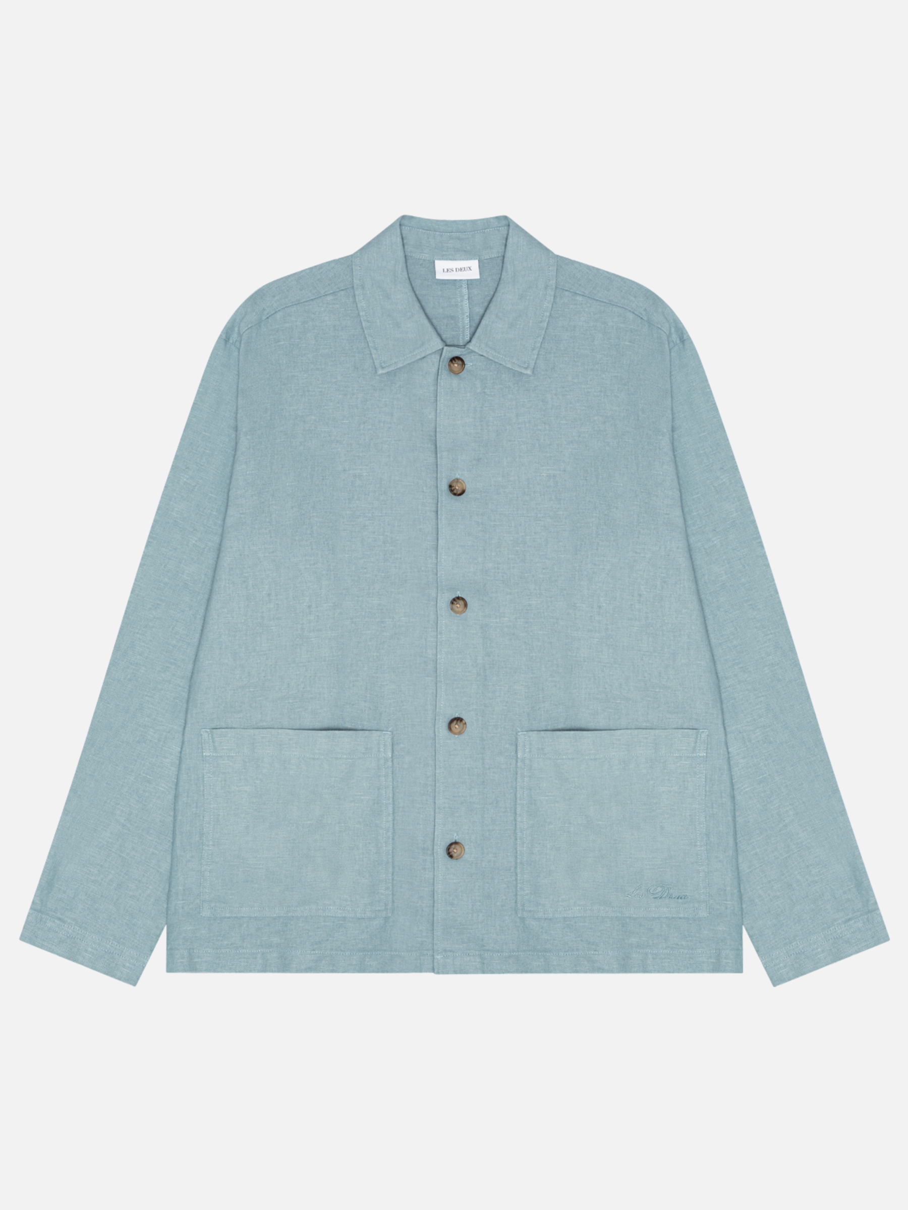 Les Deux Linen Overshirt Faded Denim Blue Chore Coat Front Pockets Collared Long Sleeve Button Up Light Spring Layer Lightweight Jacket for Summer Men’s Tops for Men Athens GA Georgia Kempt Menswear Store Near Me