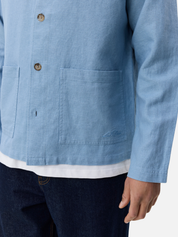 Les Deux Linen Overshirt Faded Denim Blue Chore Coat Front Pockets Collared Long Sleeve Button Up Light Spring Layer Lightweight Jacket for Summer Men’s Tops for Men Athens GA Georgia Kempt Menswear Store Near Me