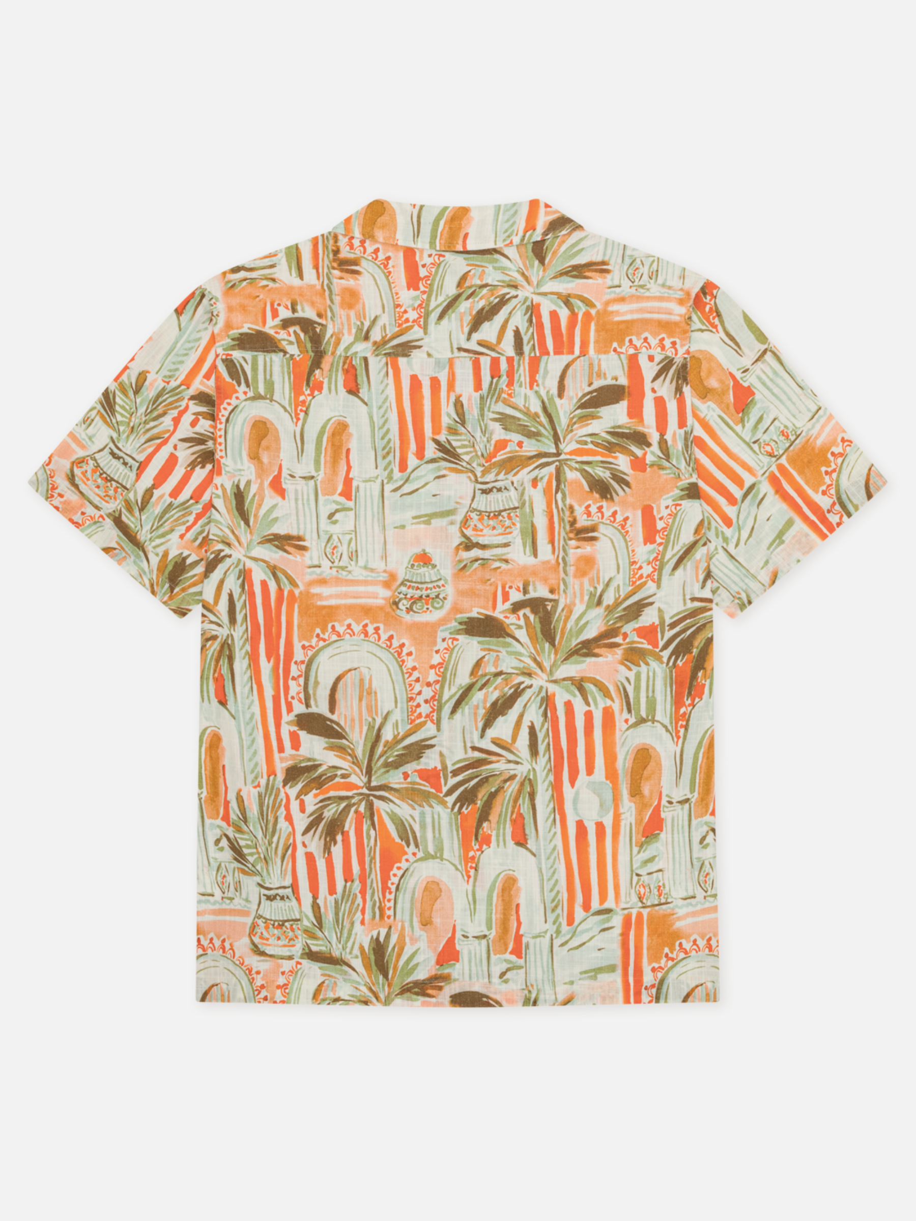 Les Deux Palm AOP All Over Print Raw Sienna Orange Multicolor Short Sleeve Collared Button Up Men’s vacation outfits tops for men Athens GA Georgia Kempt Menswear Store Near Me
